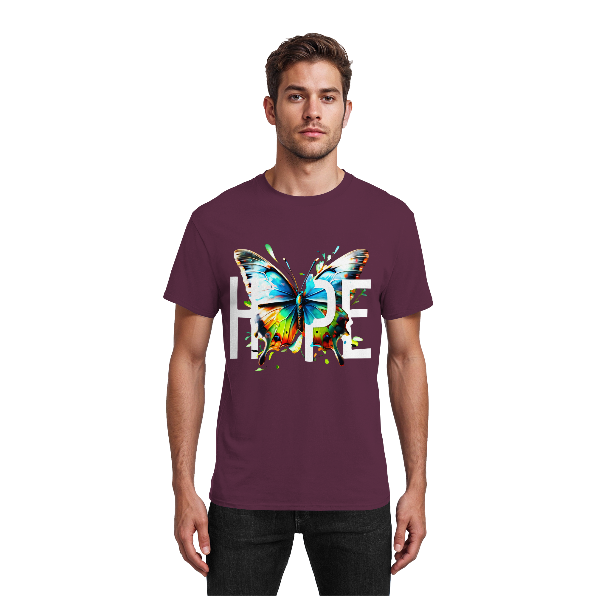 HOPE Schmetterling T-Shirt Lebendiges, farbenfrohes Motivations-Grafik-T-Shirt 10 Farben S-5XL – Schweres Baumwoll-T-Shirt