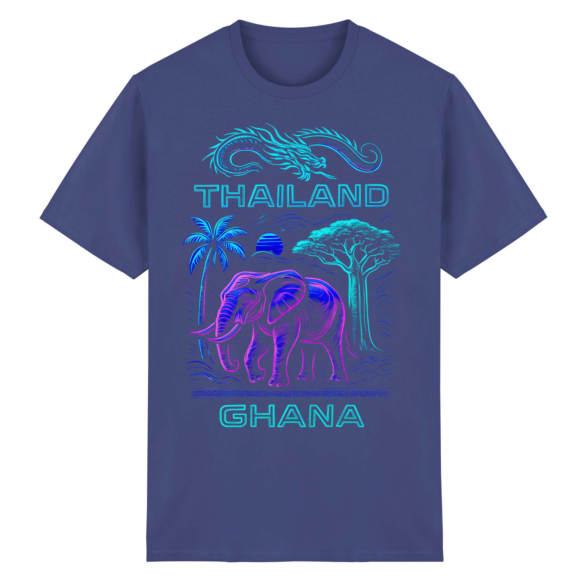 Synthwave Fusion Elefant Drache T-Shirt – Thailand Ghana Retro Grafik Neon 6 Farben S-5XL