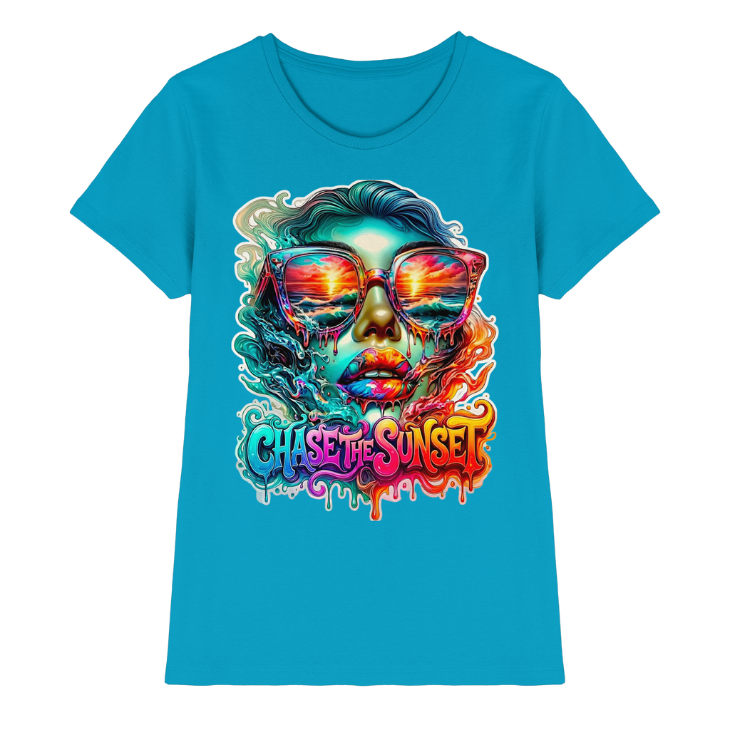 Chase The Sunset Psychedelisches Damen-T-Shirt | Lebendiges schmelzendes Ozean-Sonnenuntergangs-Grafik-T-Shirt | 10 Farben XS-3XL - Premium Damen-Shirt