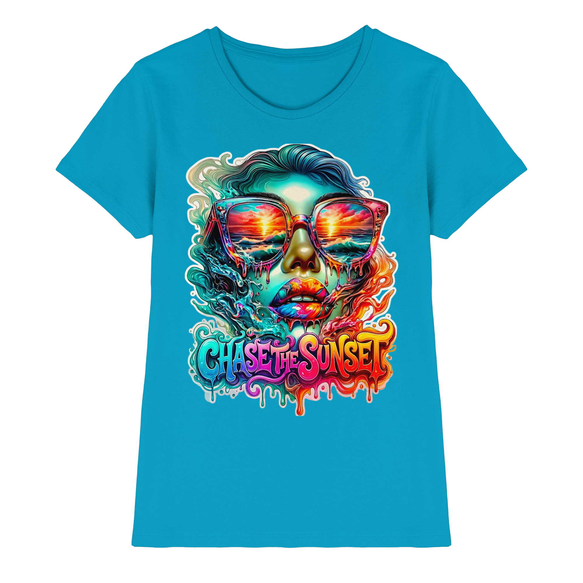 T-shirt psychédélique pour femme "Chase The Sunset" | T-shirt graphique vibrant coucher de soleil et océan | 10 couleurs du XS au 3XL - T-shirt premium pour femme