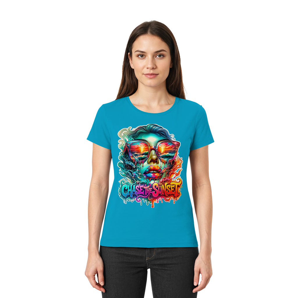 Chase The Sunset Psychedelisches Damen-T-Shirt | Lebendiges schmelzendes Ozean-Sonnenuntergangs-Grafik-T-Shirt | 10 Farben XS-3XL - Premium Damen-Shirt