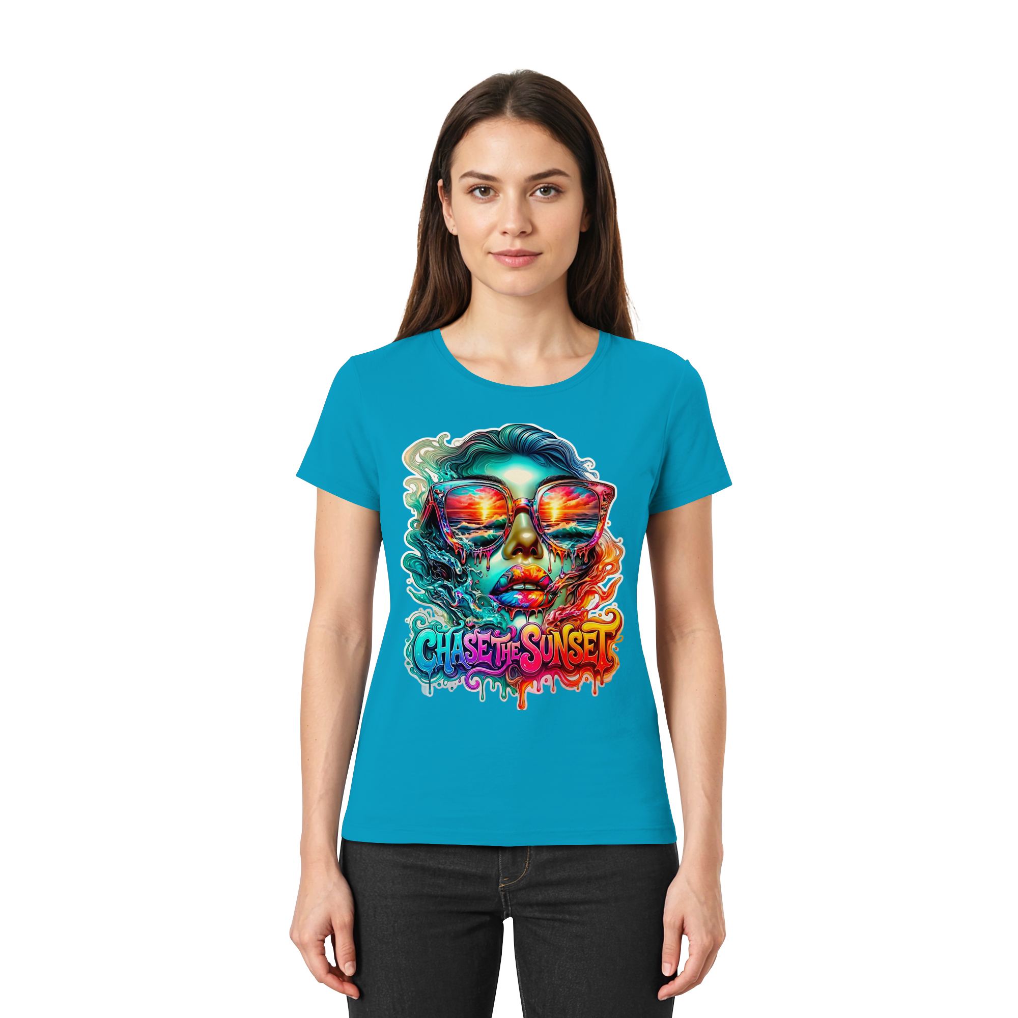 Chase The Sunset Psychedelisches Damen-T-Shirt | Lebendiges schmelzendes Ozean-Sonnenuntergangs-Grafik-T-Shirt | 10 Farben XS-3XL - Premium Damen-Shirt