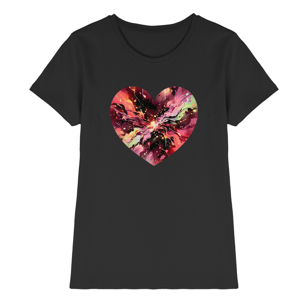 Damen T-Shirt „Cosmic Love Heart“ – Galaxie-Nebel-Druck Herzdesign | Hochwertiger Jersey aus 100 % Baumwolle, 15 Farben, XS–3XL – Premium-Shirt für Damen