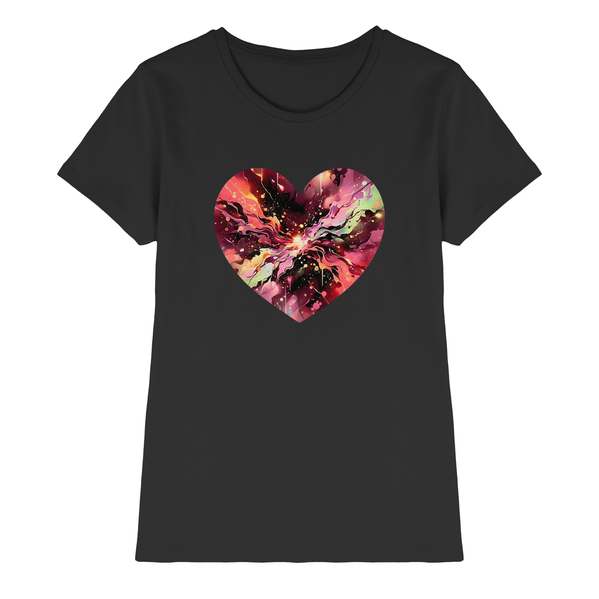 Damen T-Shirt „Cosmic Love Heart“ – Galaxie-Nebel-Druck Herzdesign | Hochwertiger Jersey aus 100 % Baumwolle, 15 Farben, XS–3XL – Premium-Shirt für Damen