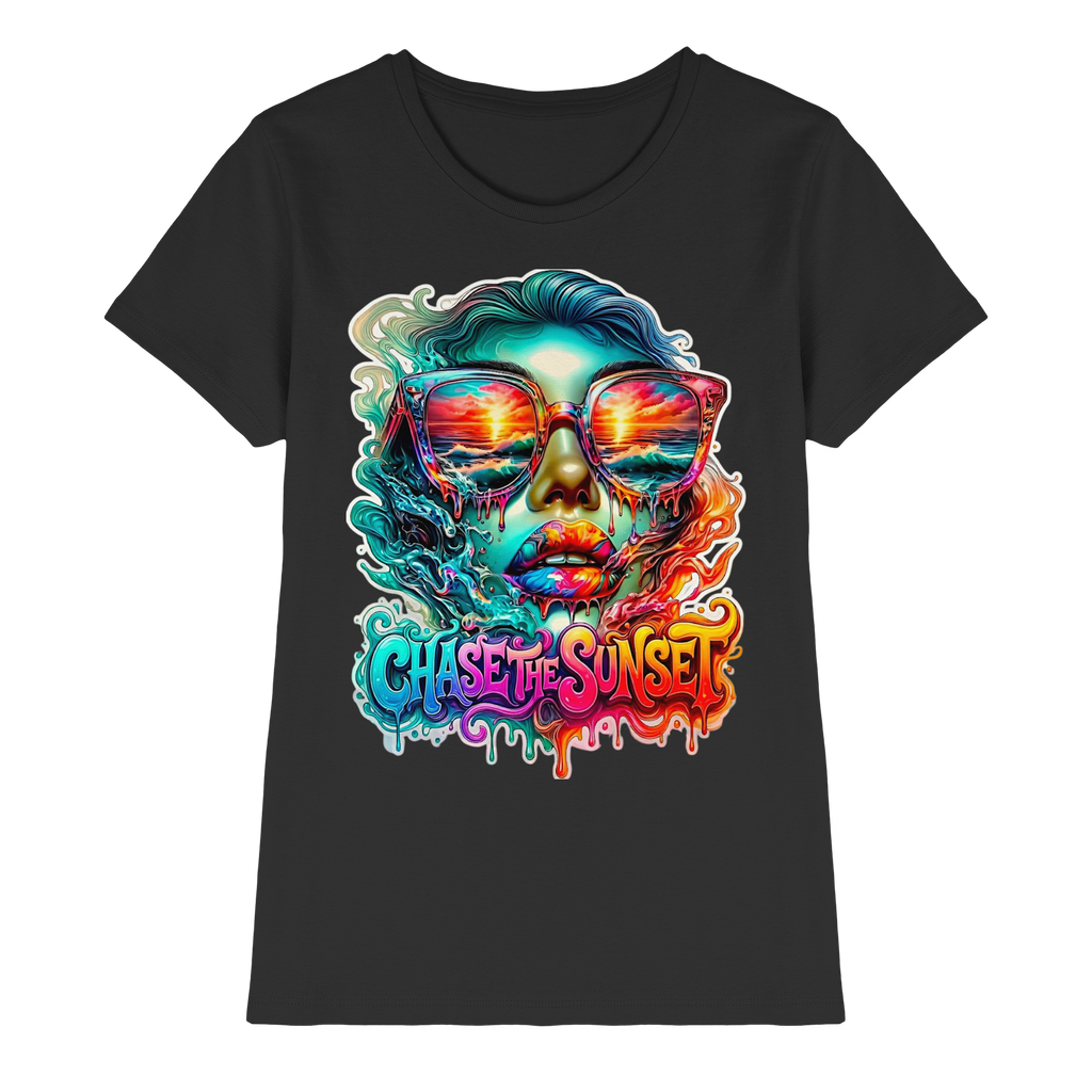 Chase The Sunset Psychedelisches Damen-T-Shirt | Lebendiges schmelzendes Ozean-Sonnenuntergangs-Grafik-T-Shirt | 10 Farben XS-3XL - Premium Damen-Shirt