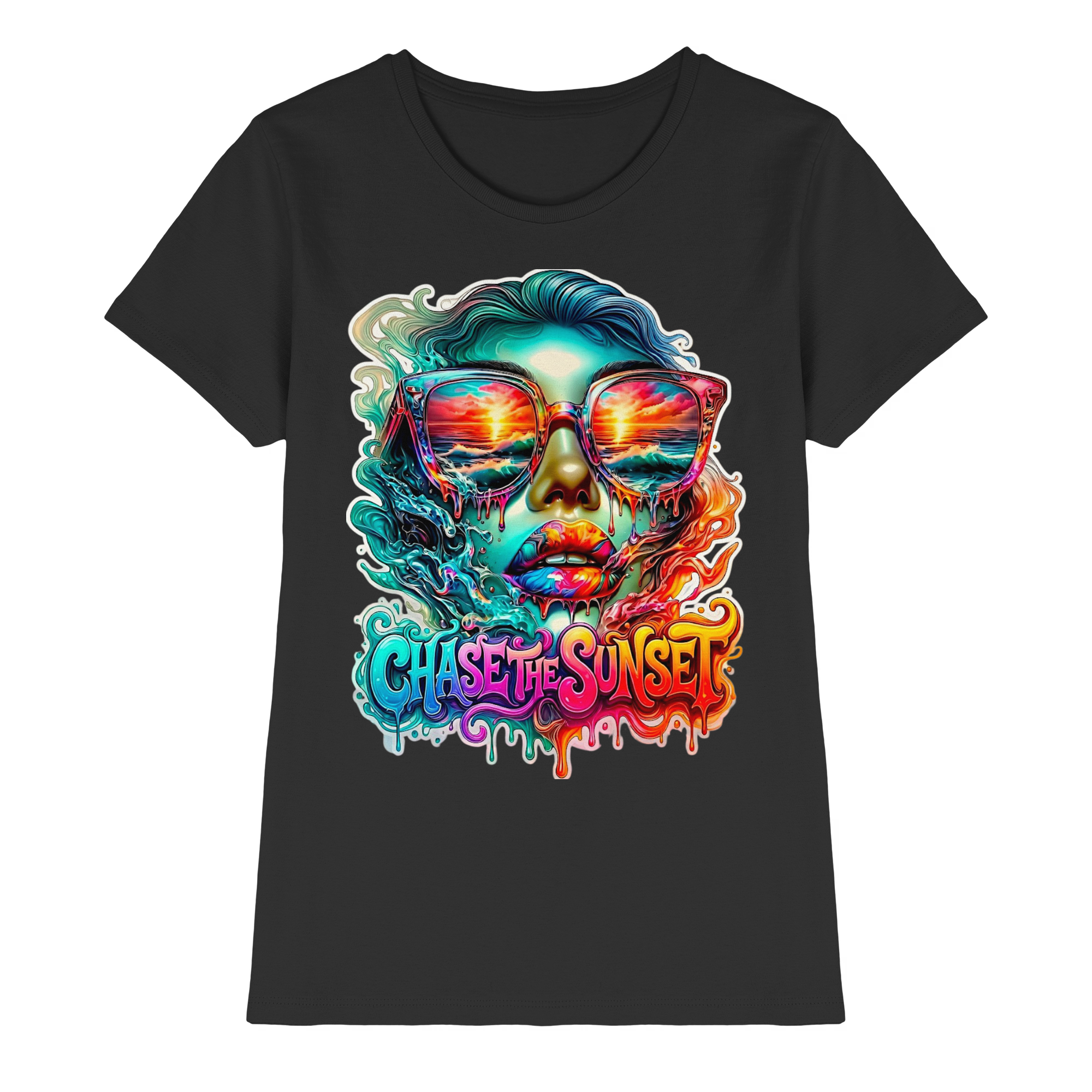 T-shirt psychédélique pour femme "Chase The Sunset" | T-shirt graphique vibrant coucher de soleil et océan | 10 couleurs du XS au 3XL - T-shirt premium pour femme