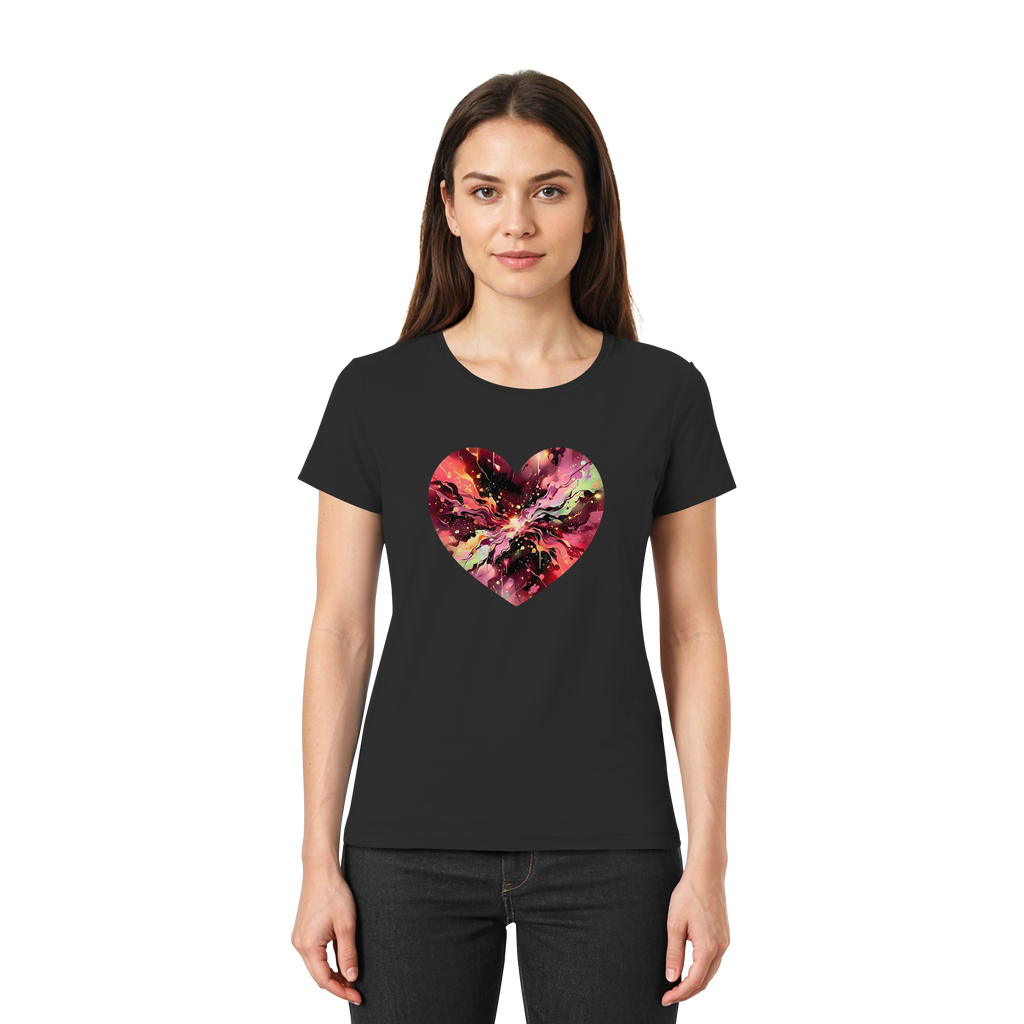 Damen T-Shirt „Cosmic Love Heart“ – Galaxie-Nebel-Druck Herzdesign | Hochwertiger Jersey aus 100 % Baumwolle, 15 Farben, XS–3XL – Premium-Shirt für Damen
