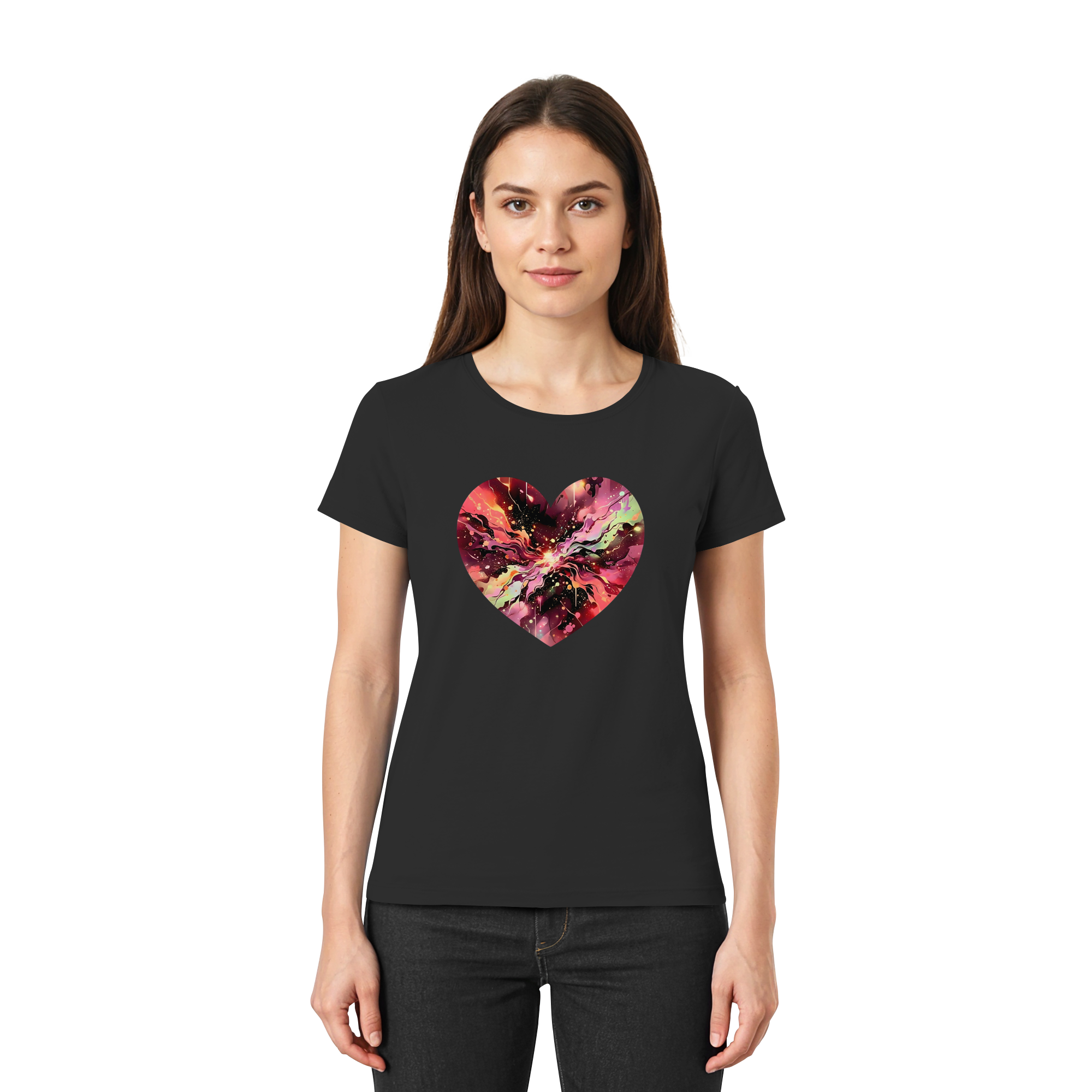 Damen T-Shirt „Cosmic Love Heart“ – Galaxie-Nebel-Druck Herzdesign | Hochwertiger Jersey aus 100 % Baumwolle, 15 Farben, XS–3XL – Premium-Shirt für Damen