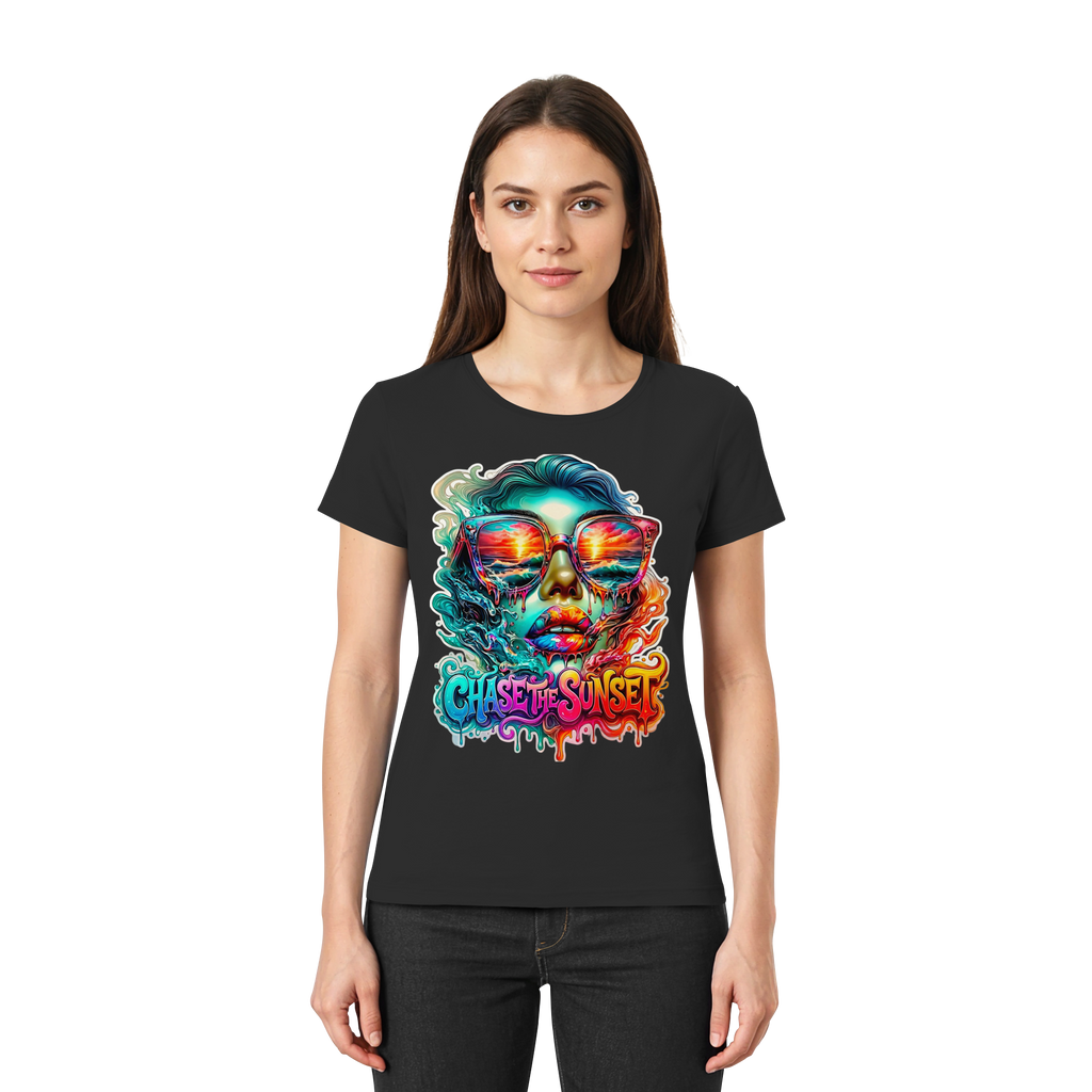 Chase The Sunset Psychedelisches Damen-T-Shirt | Lebendiges schmelzendes Ozean-Sonnenuntergangs-Grafik-T-Shirt | 10 Farben XS-3XL - Premium Damen-Shirt