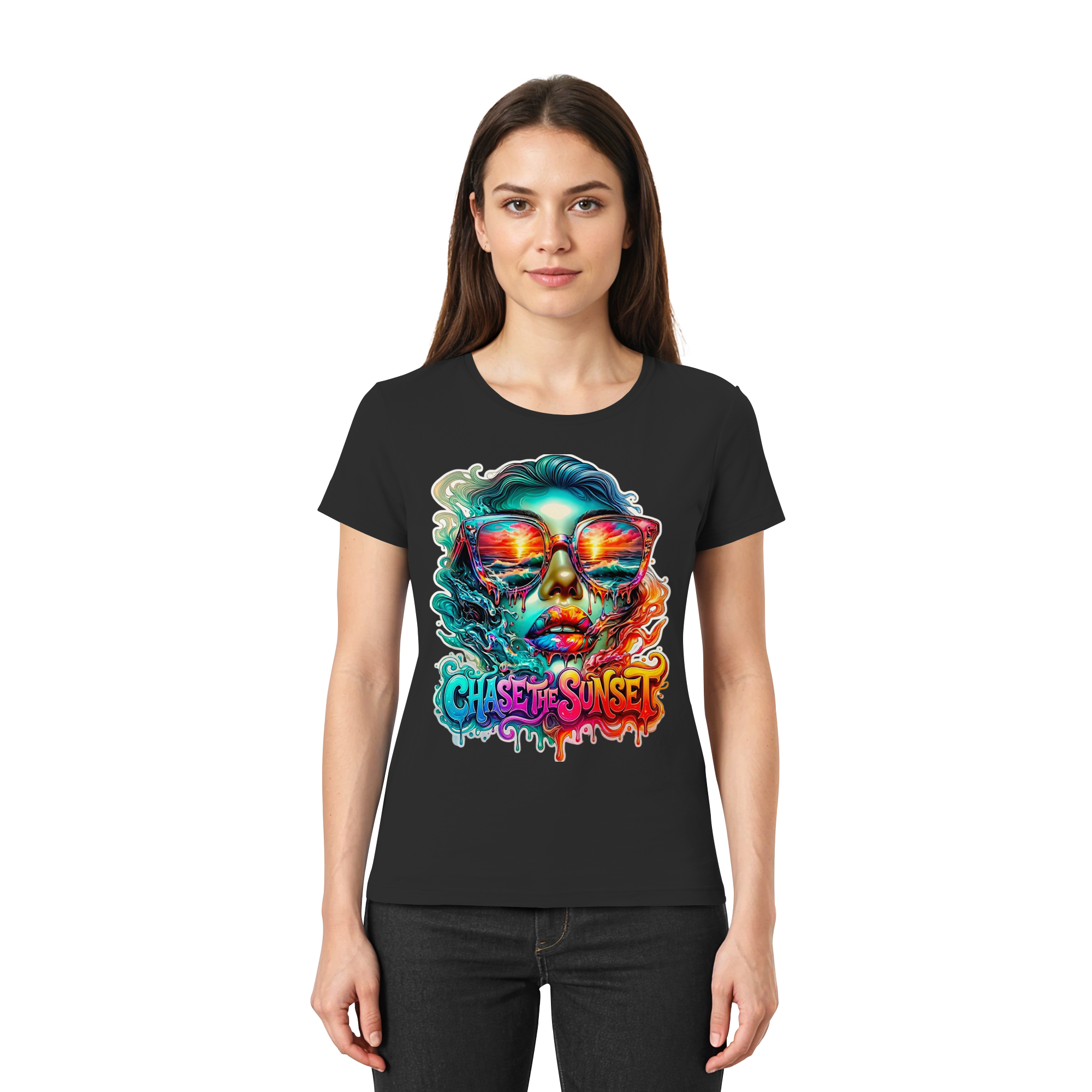 T-shirt psychédélique pour femme "Chase The Sunset" | T-shirt graphique vibrant coucher de soleil et océan | 10 couleurs du XS au 3XL - T-shirt premium pour femme
