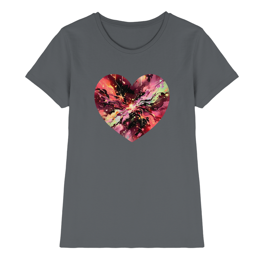 Damen T-Shirt „Cosmic Love Heart“ – Galaxie-Nebel-Druck Herzdesign | Hochwertiger Jersey aus 100 % Baumwolle, 15 Farben, XS–3XL – Premium-Shirt für Damen