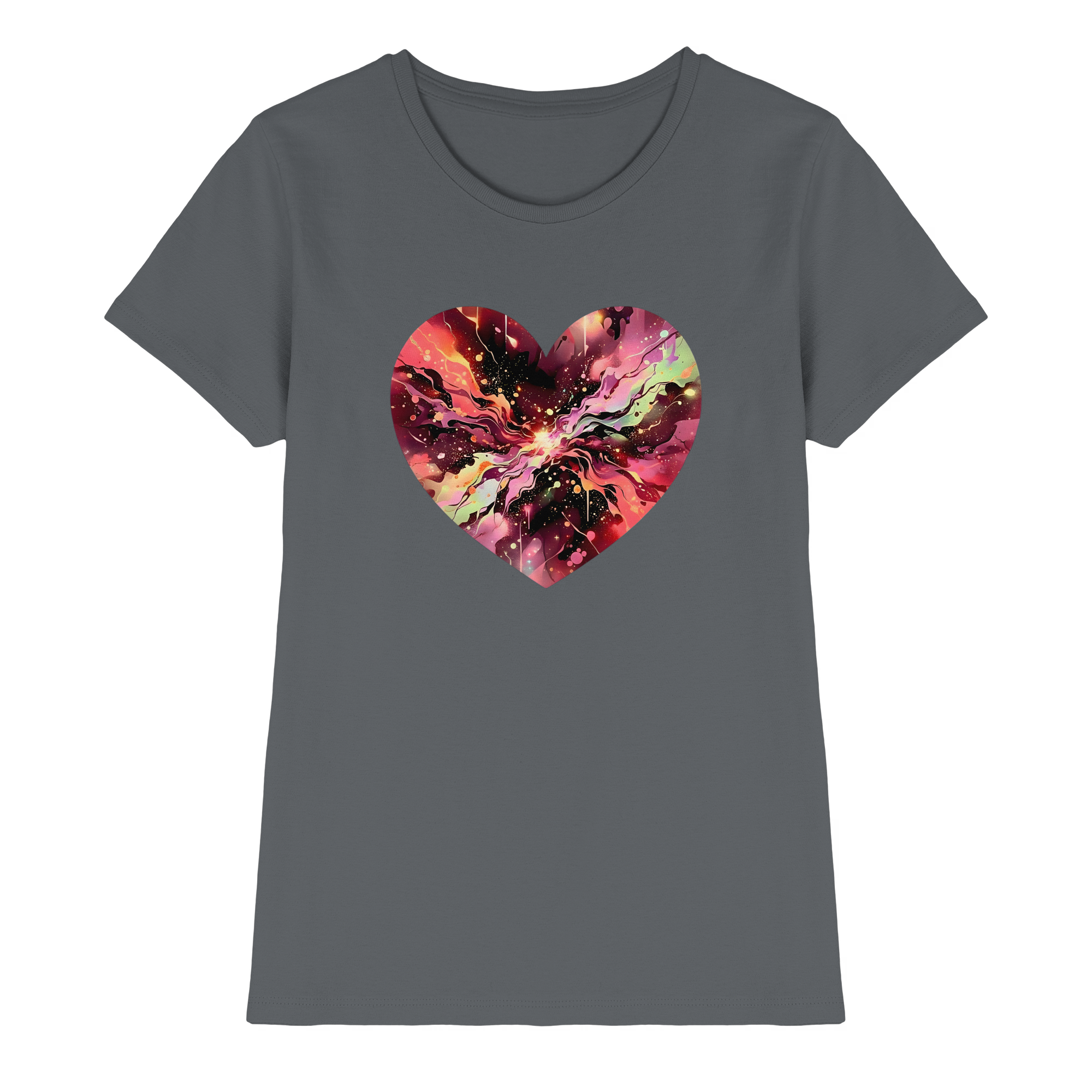 Damen T-Shirt „Cosmic Love Heart“ – Galaxie-Nebel-Druck Herzdesign | Hochwertiger Jersey aus 100 % Baumwolle, 15 Farben, XS–3XL – Premium-Shirt für Damen