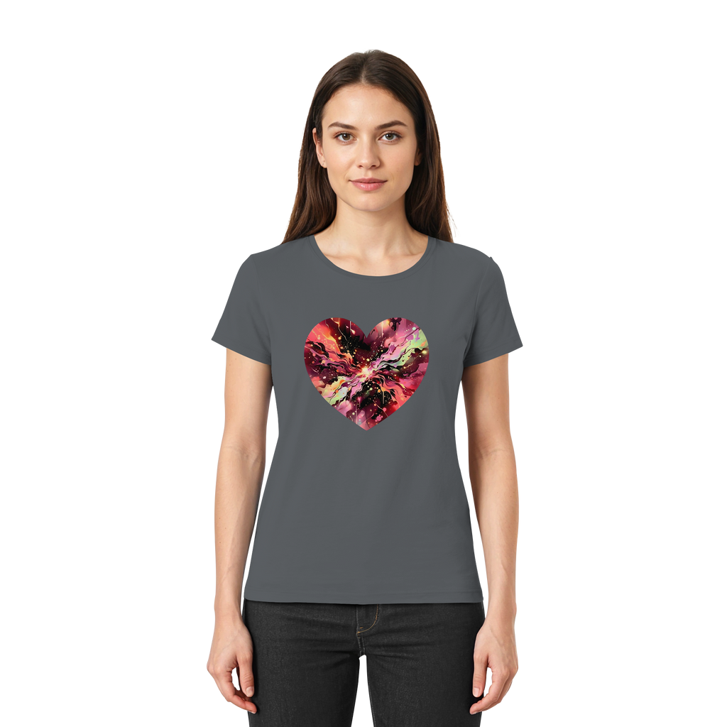 Damen T-Shirt „Cosmic Love Heart“ – Galaxie-Nebel-Druck Herzdesign | Hochwertiger Jersey aus 100 % Baumwolle, 15 Farben, XS–3XL – Premium-Shirt für Damen