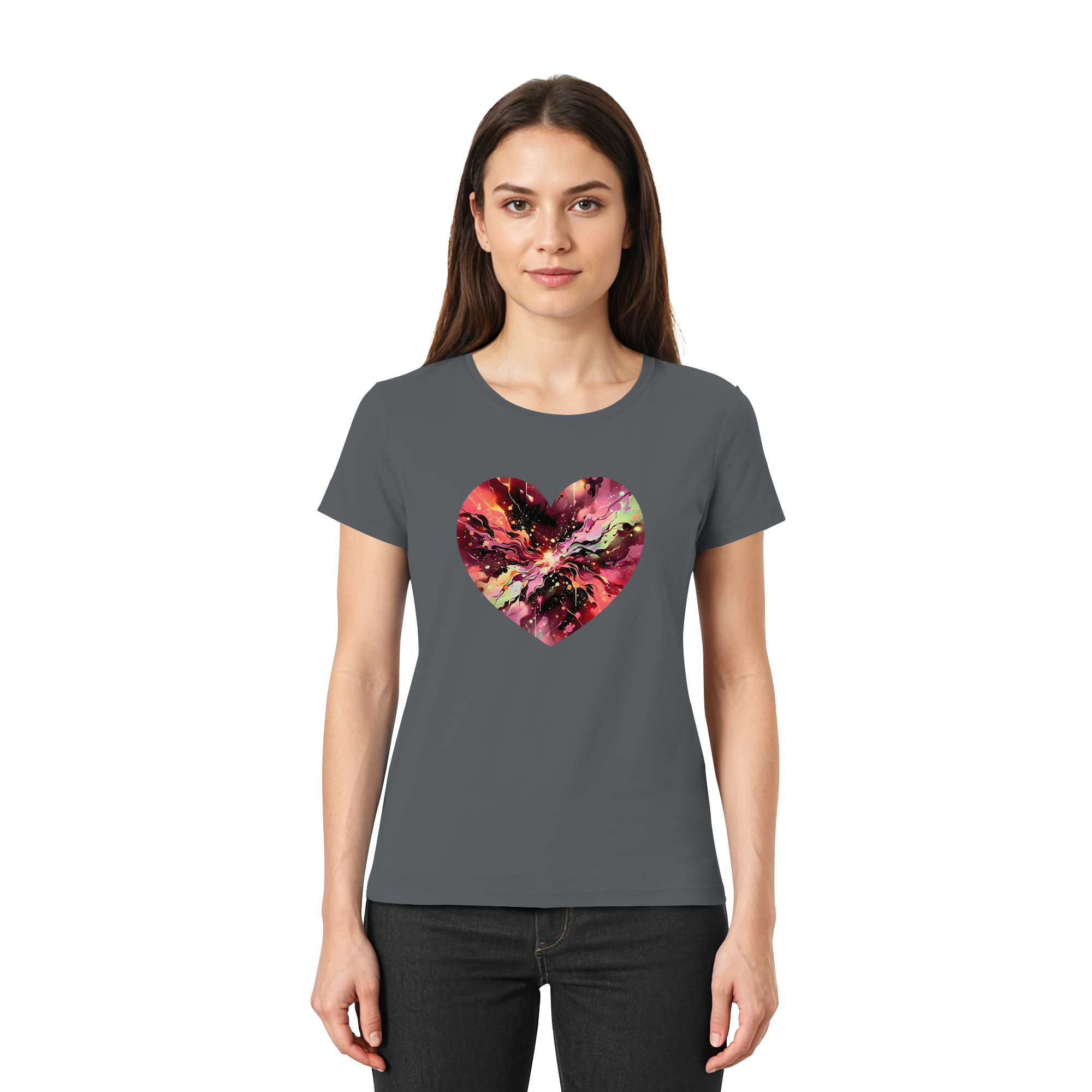 Damen T-Shirt „Cosmic Love Heart“ – Galaxie-Nebel-Druck Herzdesign | Hochwertiger Jersey aus 100 % Baumwolle, 15 Farben, XS–3XL – Premium-Shirt für Damen