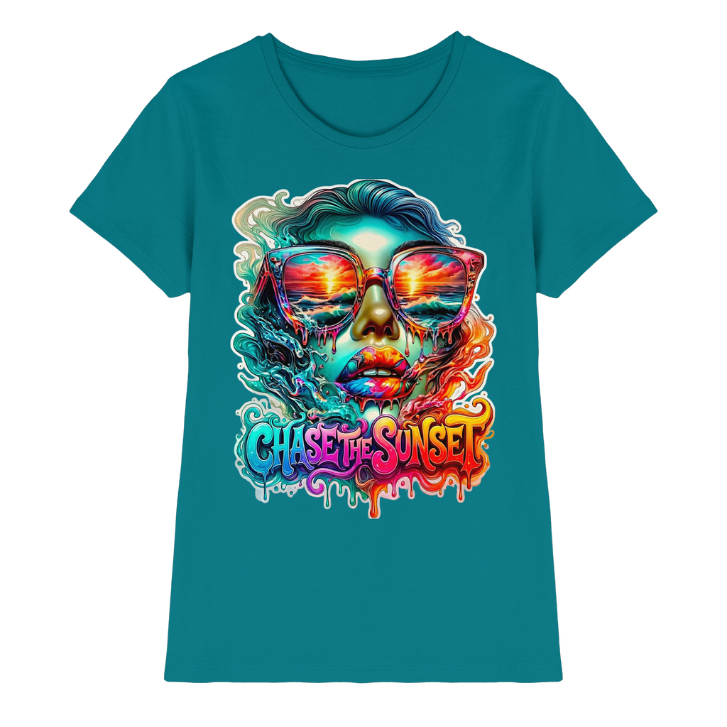 Chase The Sunset Psychedelisches Damen-T-Shirt | Lebendiges schmelzendes Ozean-Sonnenuntergangs-Grafik-T-Shirt | 10 Farben XS-3XL - Premium Damen-Shirt