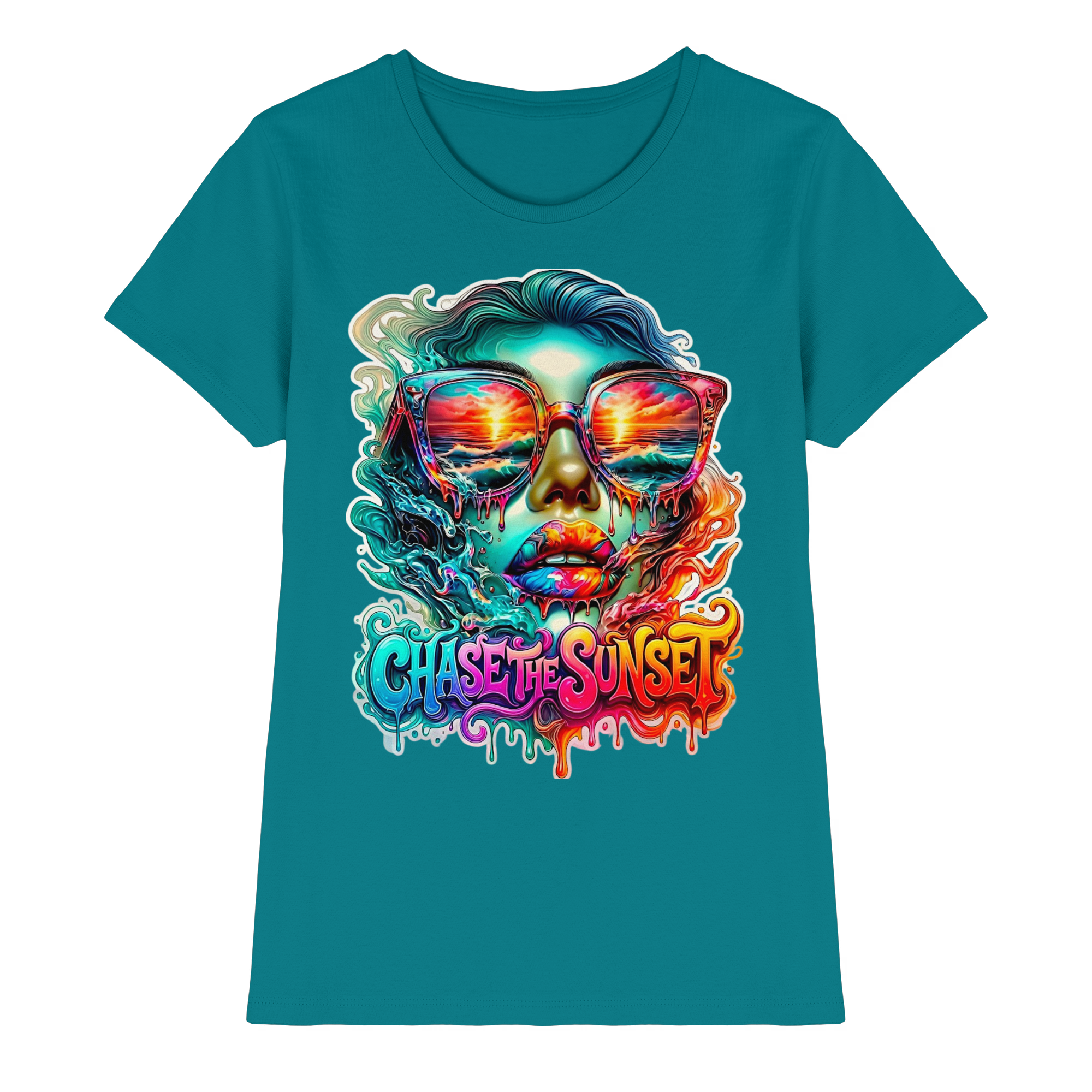 T-shirt psychédélique pour femme "Chase The Sunset" | T-shirt graphique vibrant coucher de soleil et océan | 10 couleurs du XS au 3XL - T-shirt premium pour femme