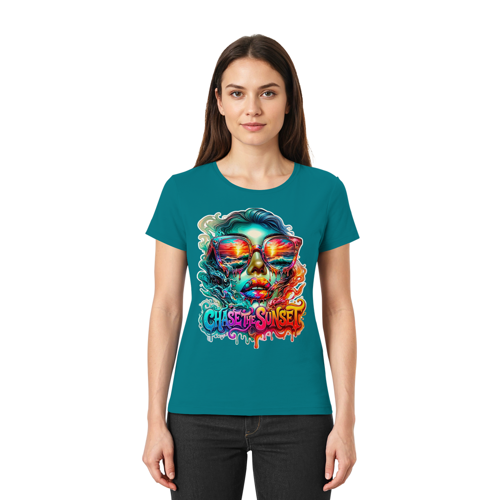 Chase The Sunset Psychedelisches Damen-T-Shirt | Lebendiges schmelzendes Ozean-Sonnenuntergangs-Grafik-T-Shirt | 10 Farben XS-3XL - Premium Damen-Shirt