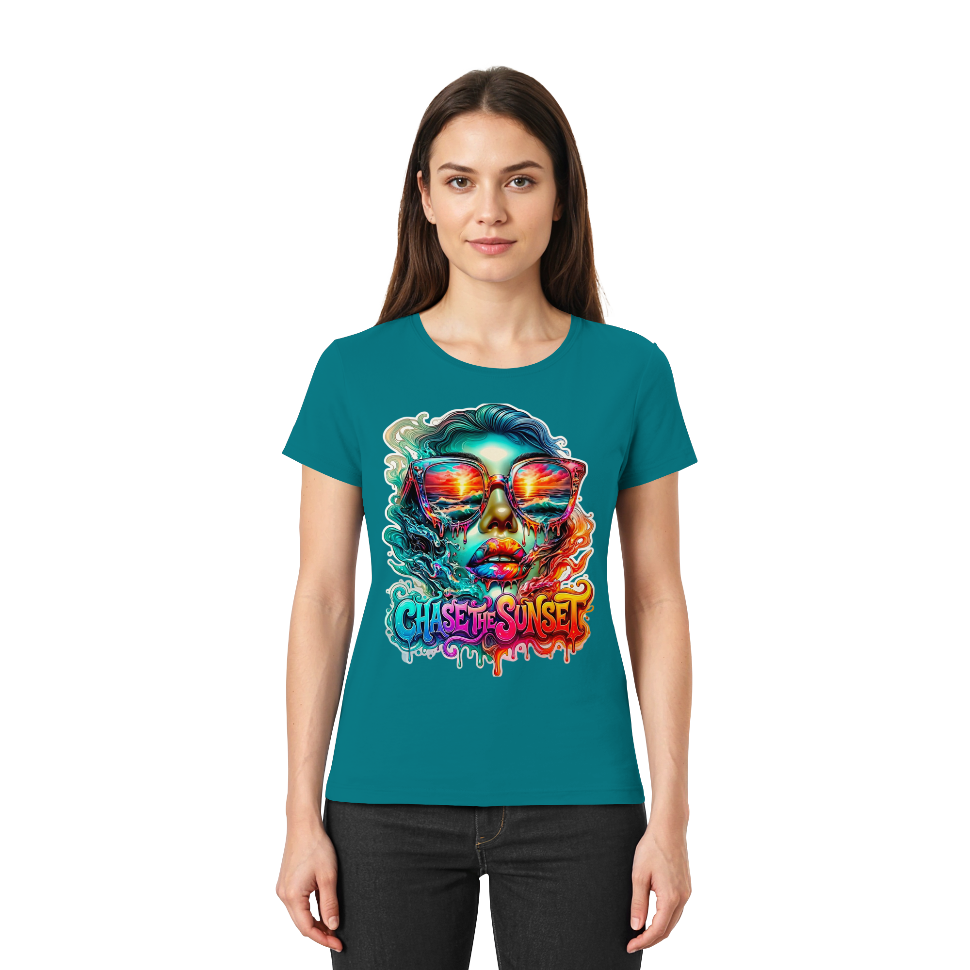 Chase The Sunset Psychedelisches Damen-T-Shirt | Lebendiges schmelzendes Ozean-Sonnenuntergangs-Grafik-T-Shirt | 10 Farben XS-3XL - Premium Damen-Shirt