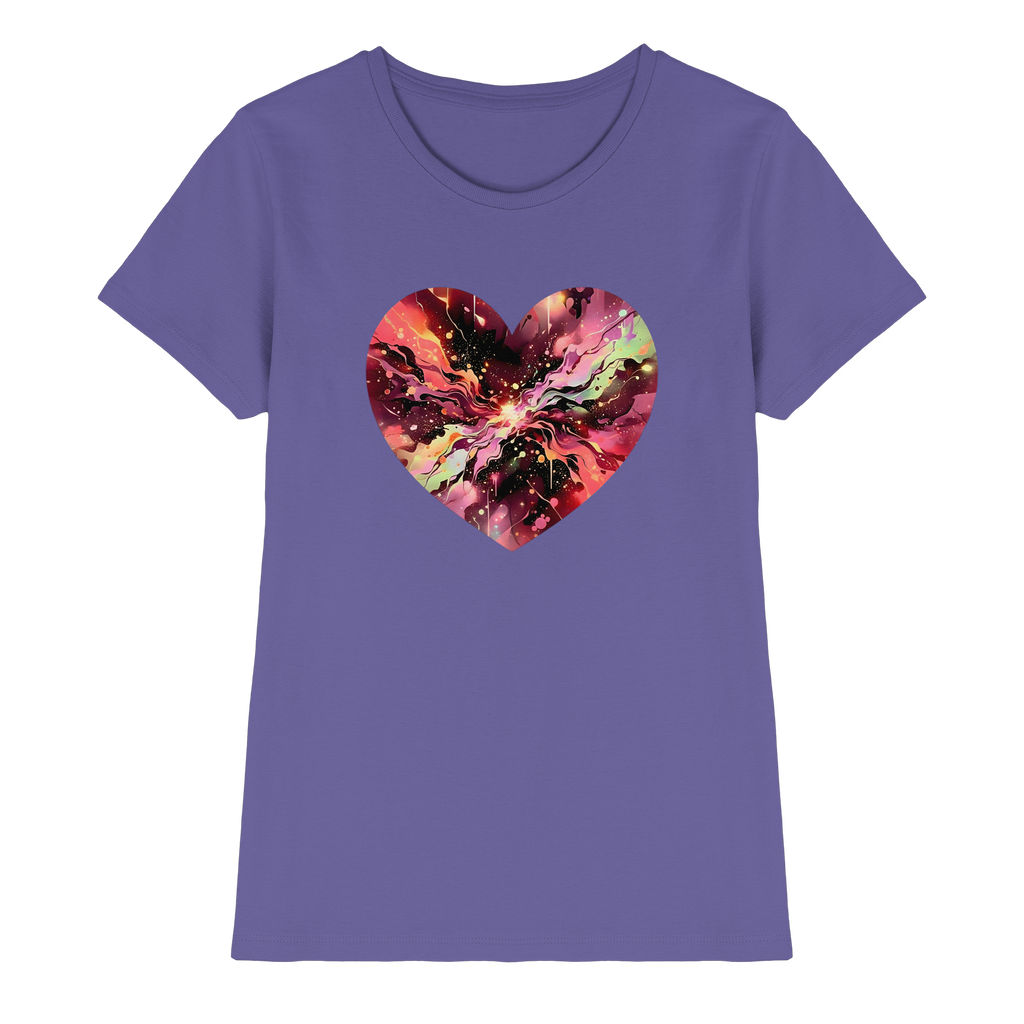 Damen T-Shirt „Cosmic Love Heart“ – Galaxie-Nebel-Druck Herzdesign | Hochwertiger Jersey aus 100 % Baumwolle, 15 Farben, XS–3XL – Premium-Shirt für Damen
