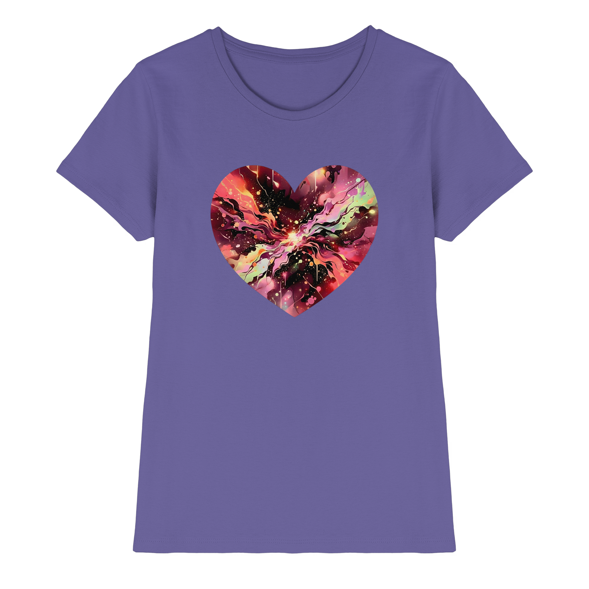 Damen T-Shirt „Cosmic Love Heart“ – Galaxie-Nebel-Druck Herzdesign | Hochwertiger Jersey aus 100 % Baumwolle, 15 Farben, XS–3XL – Premium-Shirt für Damen