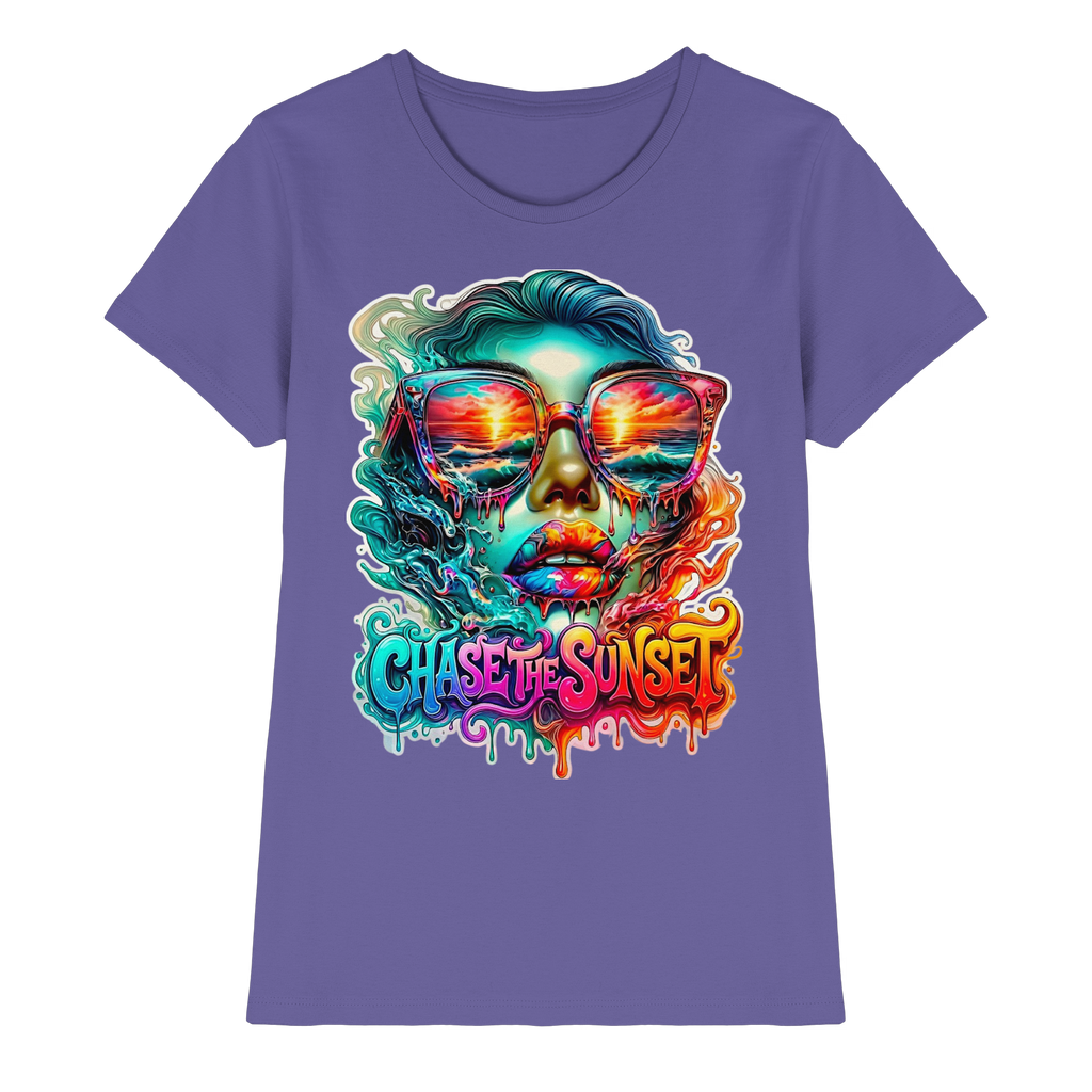Chase The Sunset Psychedelisches Damen-T-Shirt | Lebendiges schmelzendes Ozean-Sonnenuntergangs-Grafik-T-Shirt | 10 Farben XS-3XL - Premium Damen-Shirt