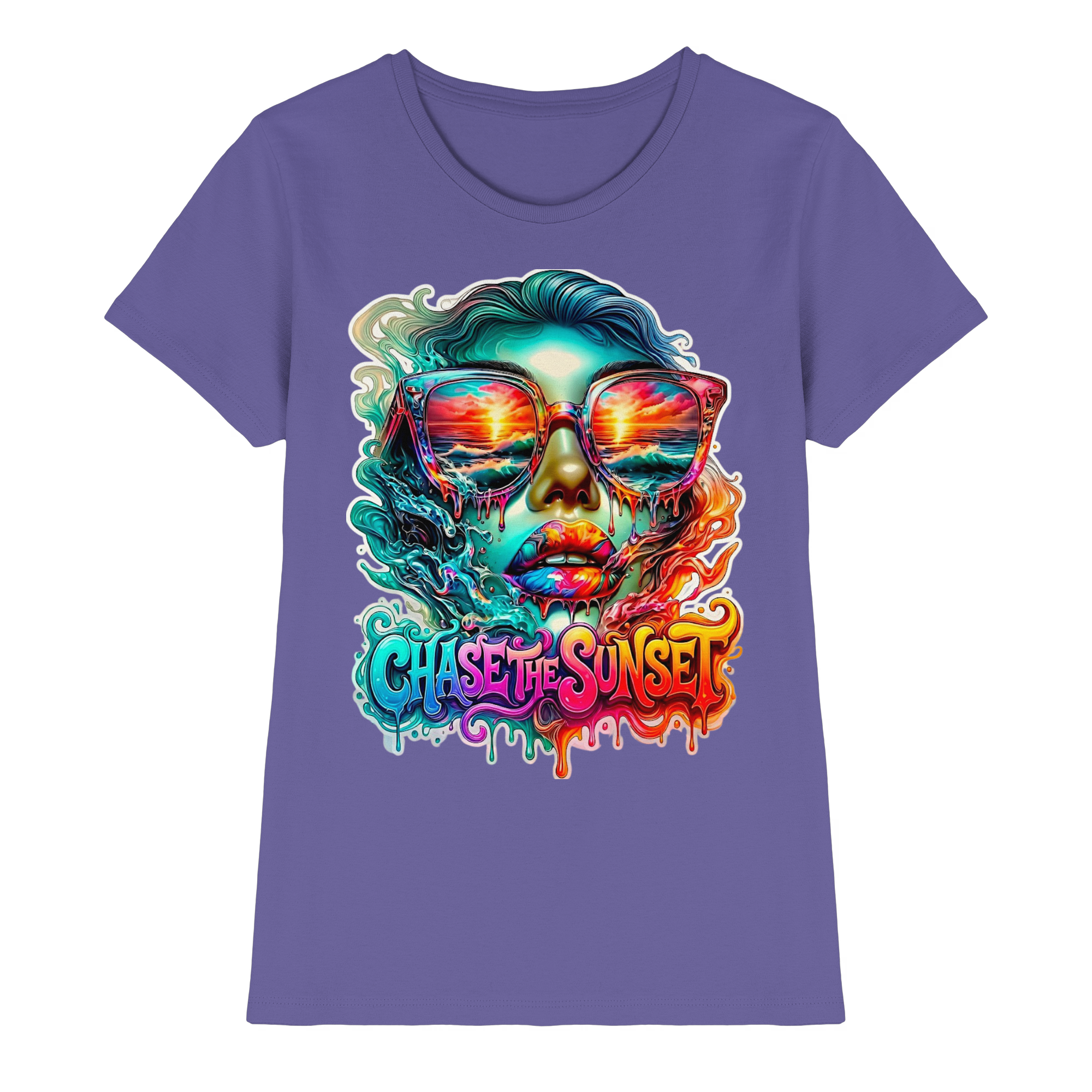 T-shirt psychédélique pour femme "Chase The Sunset" | T-shirt graphique vibrant coucher de soleil et océan | 10 couleurs du XS au 3XL - T-shirt premium pour femme