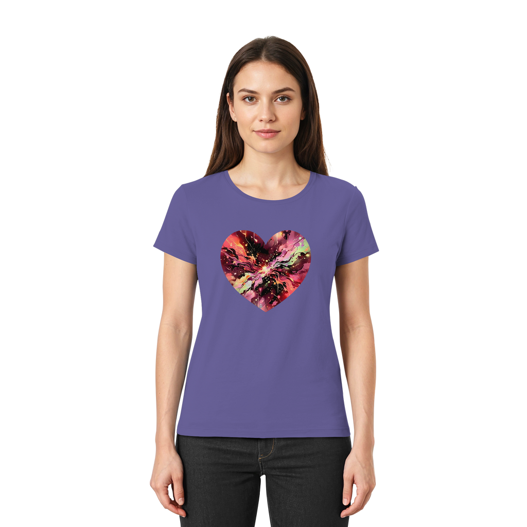 Damen T-Shirt „Cosmic Love Heart“ – Galaxie-Nebel-Druck Herzdesign | Hochwertiger Jersey aus 100 % Baumwolle, 15 Farben, XS–3XL – Premium-Shirt für Damen