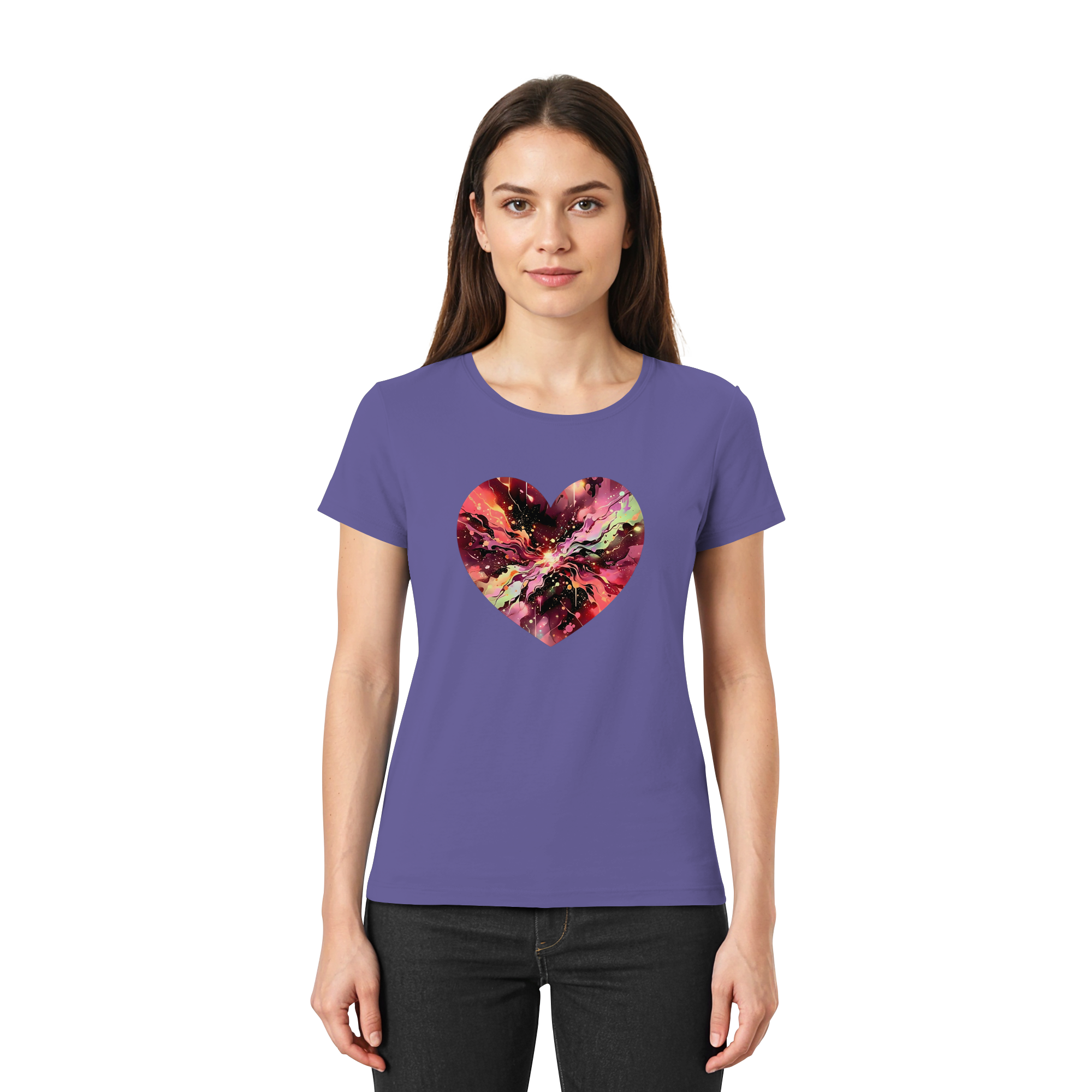 Damen T-Shirt „Cosmic Love Heart“ – Galaxie-Nebel-Druck Herzdesign | Hochwertiger Jersey aus 100 % Baumwolle, 15 Farben, XS–3XL – Premium-Shirt für Damen