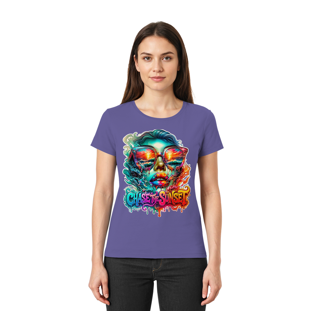 Chase The Sunset Psychedelisches Damen-T-Shirt | Lebendiges schmelzendes Ozean-Sonnenuntergangs-Grafik-T-Shirt | 10 Farben XS-3XL - Premium Damen-Shirt