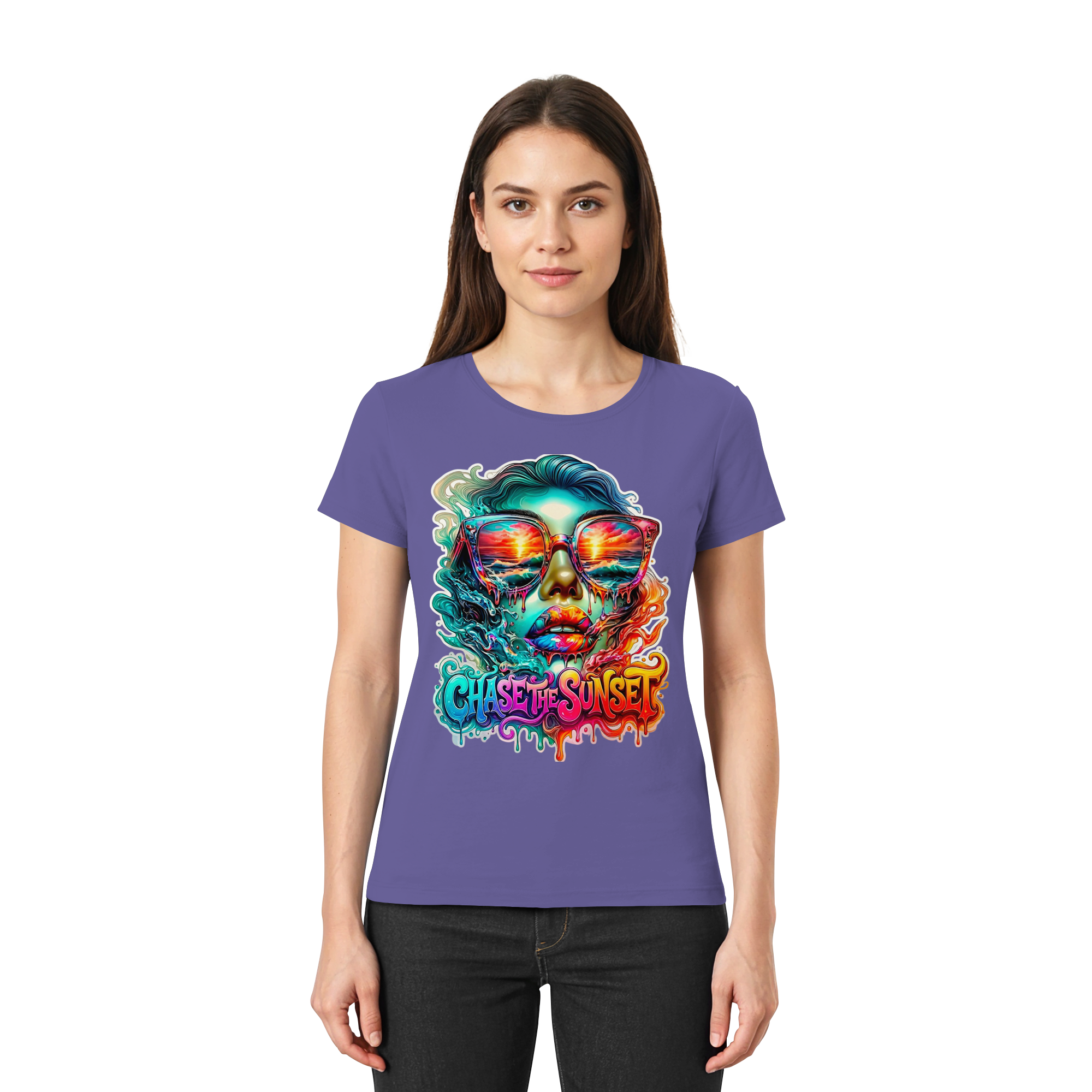 Chase The Sunset Psychedelisches Damen-T-Shirt | Lebendiges schmelzendes Ozean-Sonnenuntergangs-Grafik-T-Shirt | 10 Farben XS-3XL - Premium Damen-Shirt