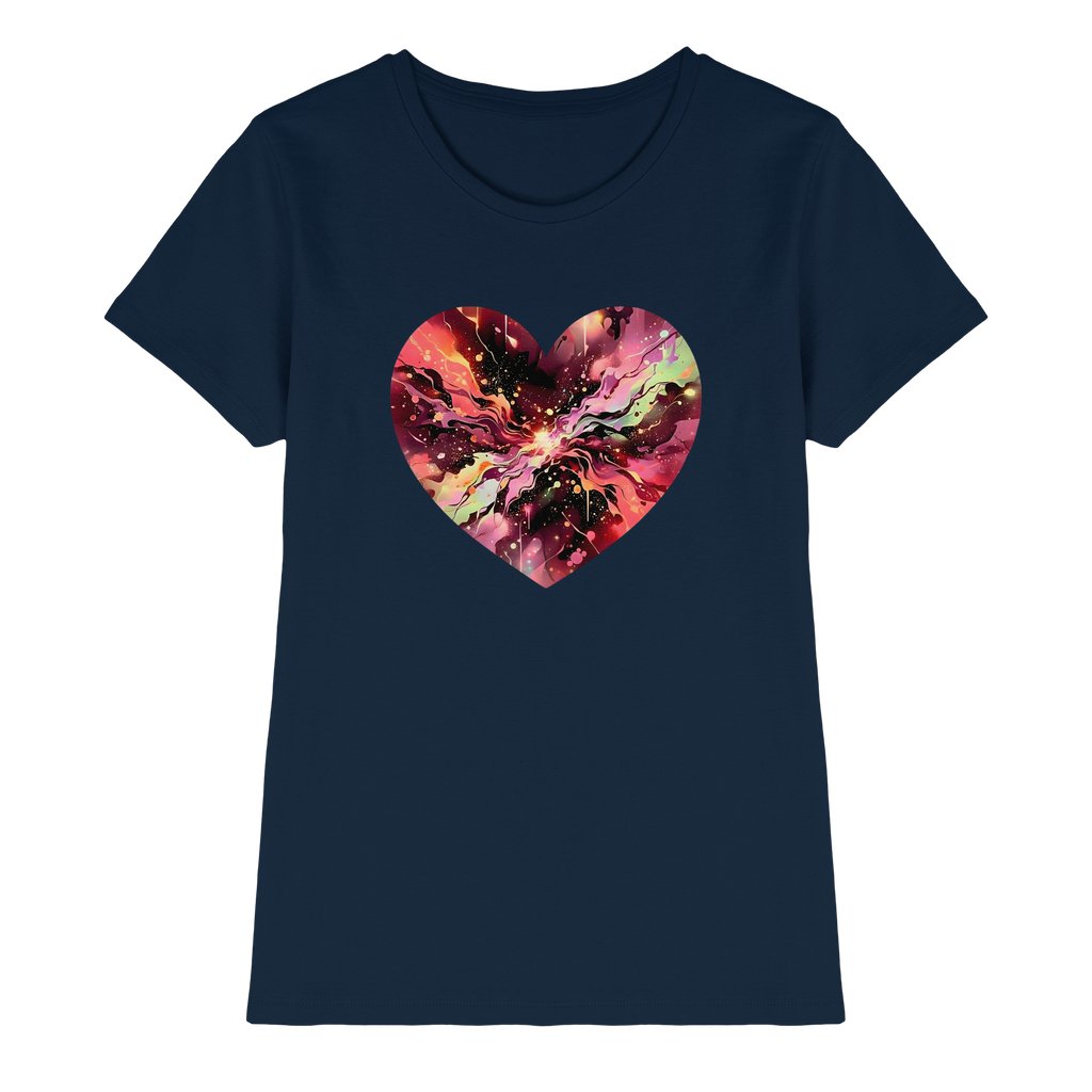 Damen T-Shirt „Cosmic Love Heart“ – Galaxie-Nebel-Druck Herzdesign | Hochwertiger Jersey aus 100 % Baumwolle, 15 Farben, XS–3XL – Premium-Shirt für Damen