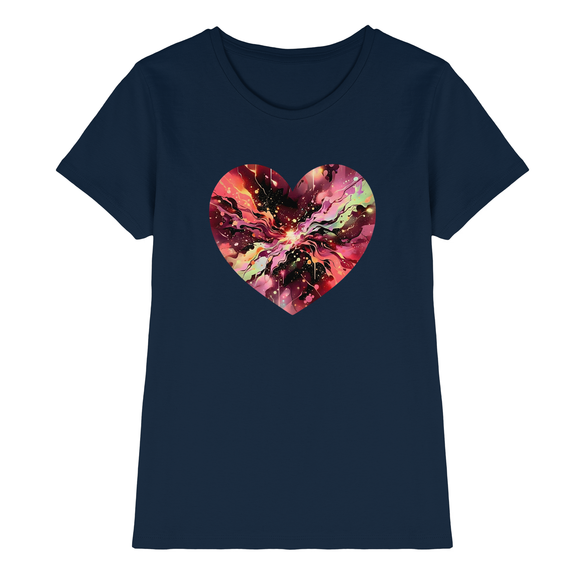 Damen T-Shirt „Cosmic Love Heart“ – Galaxie-Nebel-Druck Herzdesign | Hochwertiger Jersey aus 100 % Baumwolle, 15 Farben, XS–3XL – Premium-Shirt für Damen