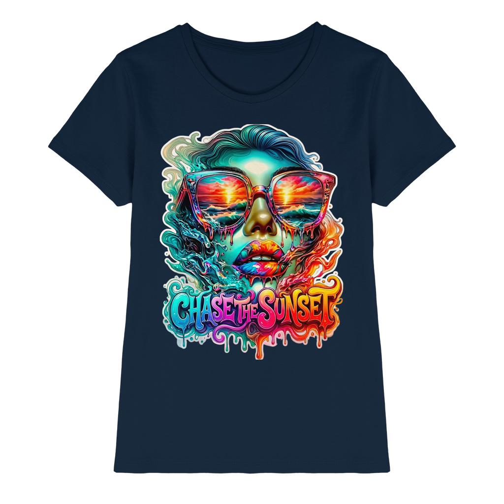 Chase The Sunset Psychedelisches Damen-T-Shirt | Lebendiges schmelzendes Ozean-Sonnenuntergangs-Grafik-T-Shirt | 10 Farben XS-3XL - Premium Damen-Shirt