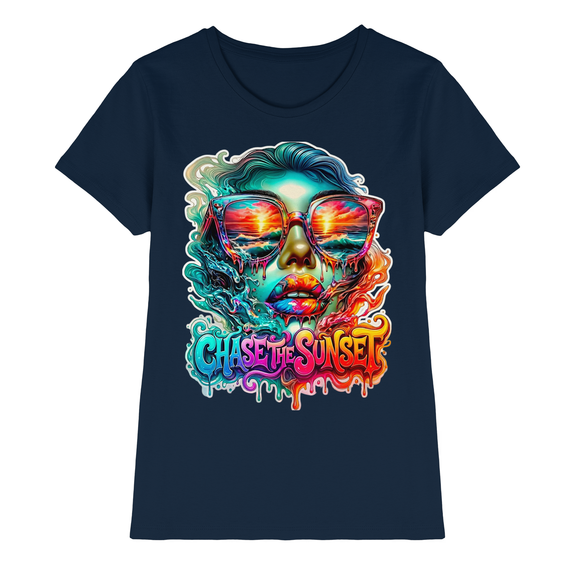T-shirt psychédélique pour femme "Chase The Sunset" | T-shirt graphique vibrant coucher de soleil et océan | 10 couleurs du XS au 3XL - T-shirt premium pour femme