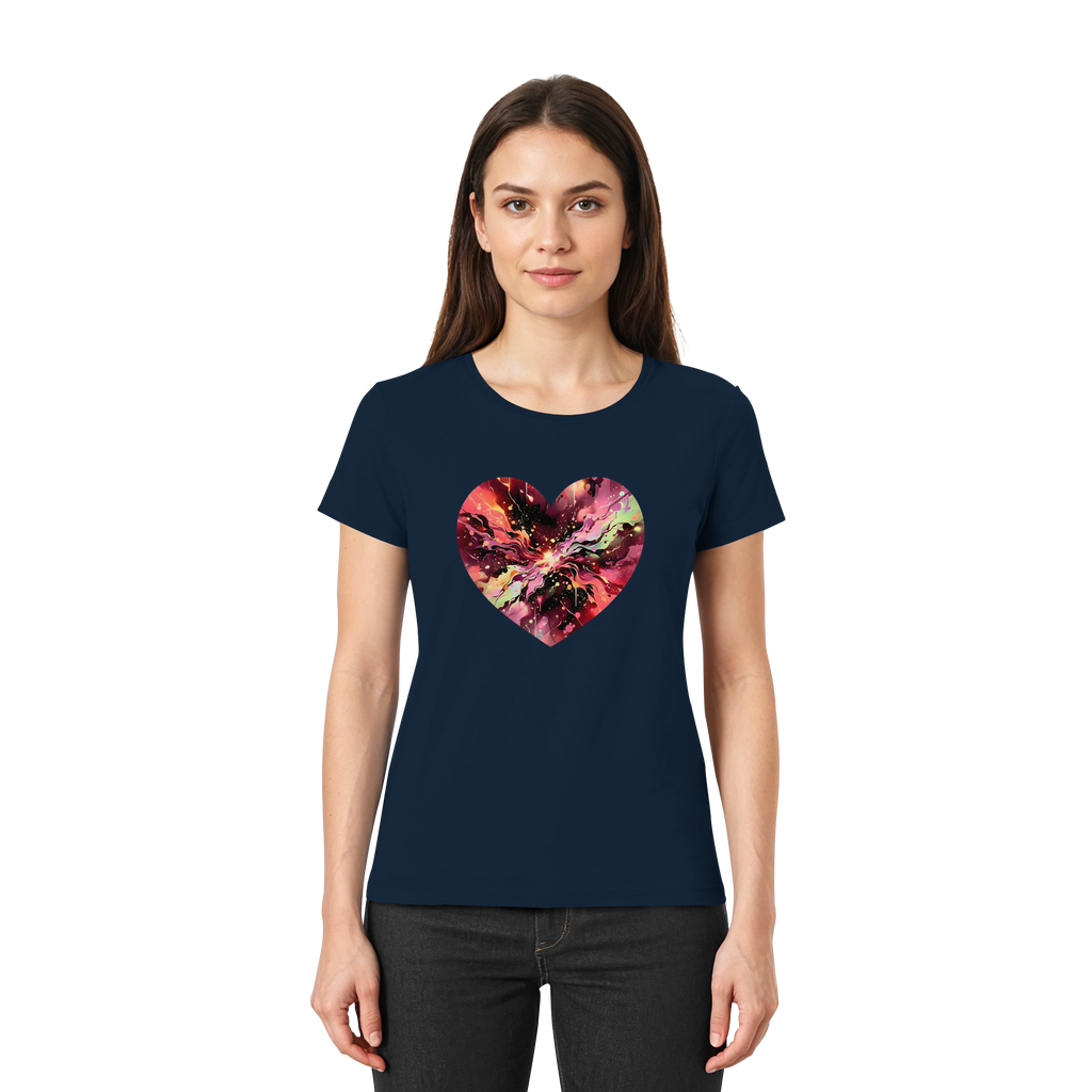 Damen T-Shirt „Cosmic Love Heart“ – Galaxie-Nebel-Druck Herzdesign | Hochwertiger Jersey aus 100 % Baumwolle, 15 Farben, XS–3XL – Premium-Shirt für Damen