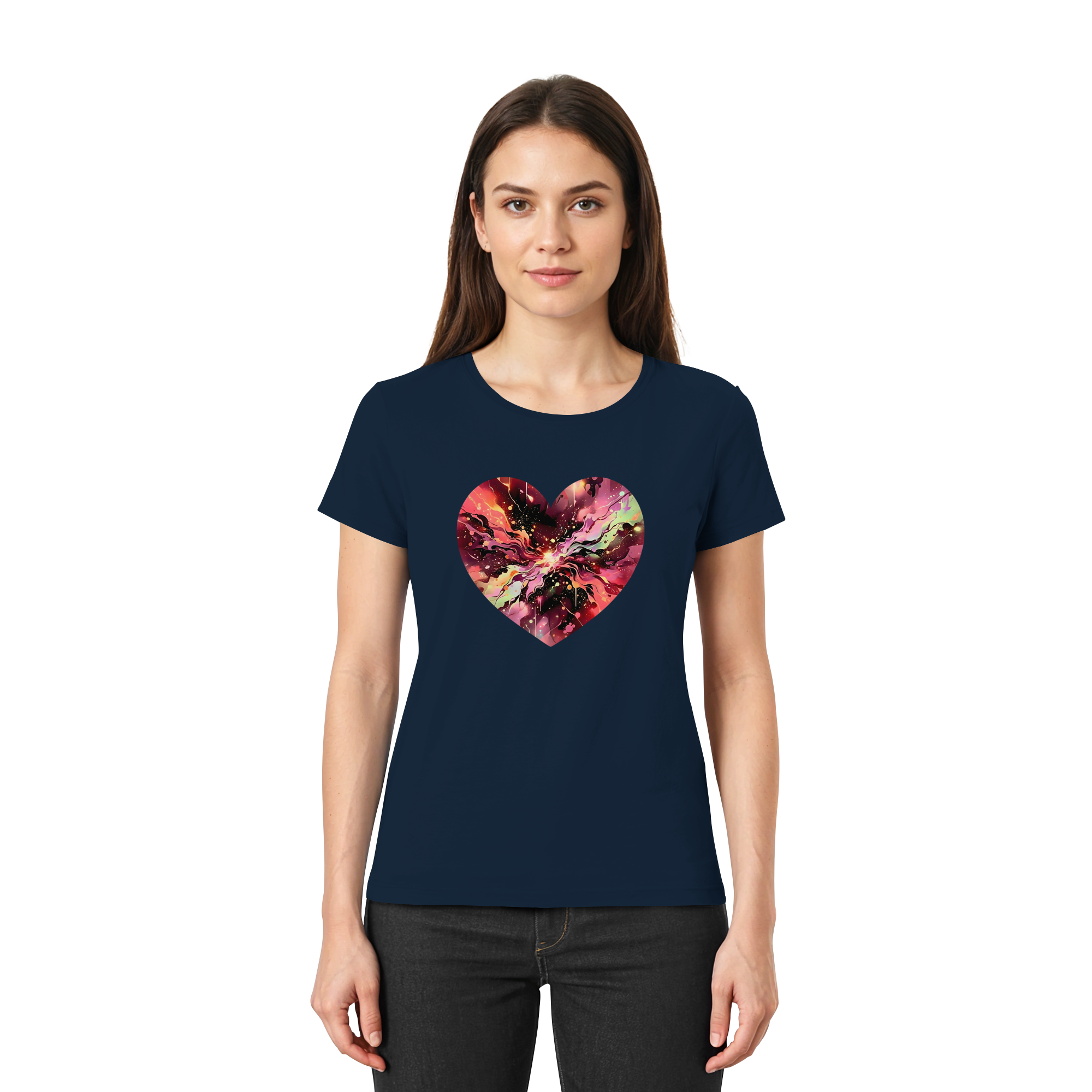 Damen T-Shirt „Cosmic Love Heart“ – Galaxie-Nebel-Druck Herzdesign | Hochwertiger Jersey aus 100 % Baumwolle, 15 Farben, XS–3XL – Premium-Shirt für Damen