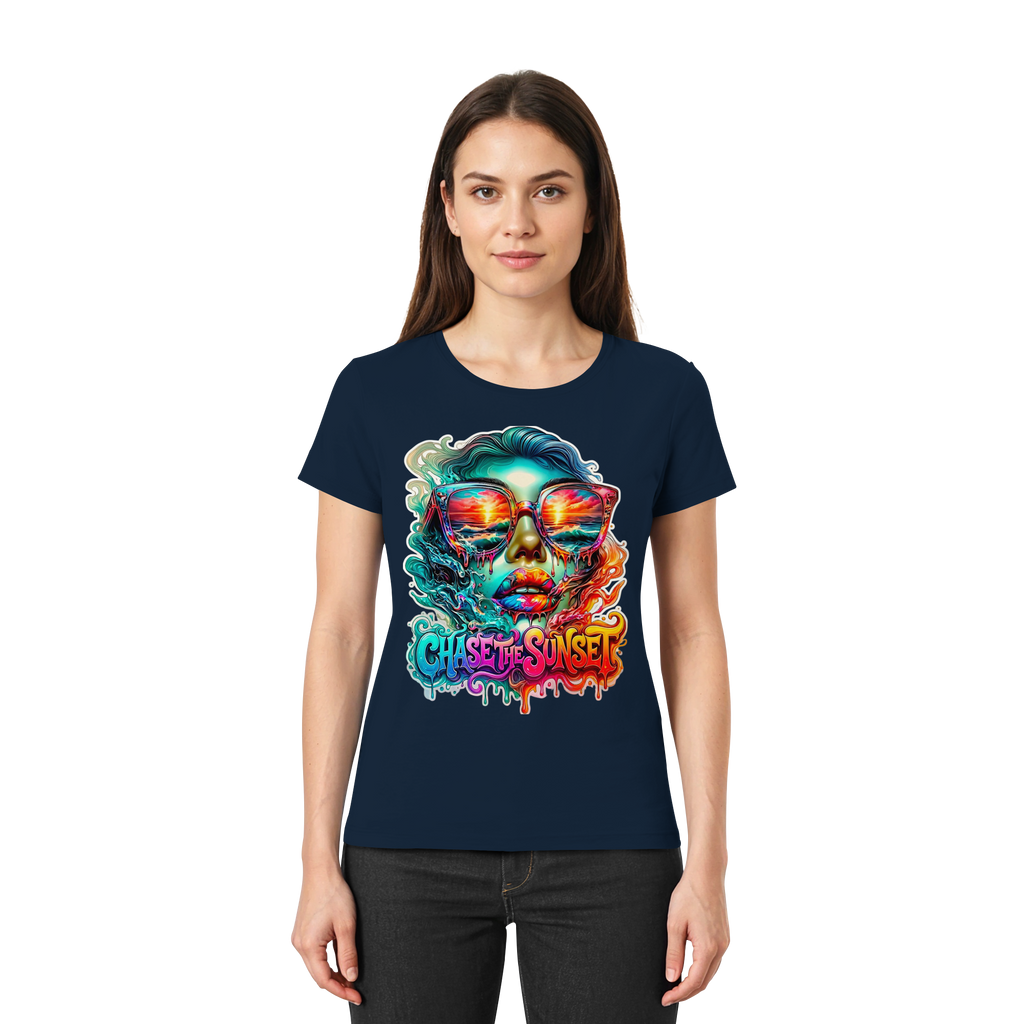 Chase The Sunset Psychedelisches Damen-T-Shirt | Lebendiges schmelzendes Ozean-Sonnenuntergangs-Grafik-T-Shirt | 10 Farben XS-3XL - Premium Damen-Shirt