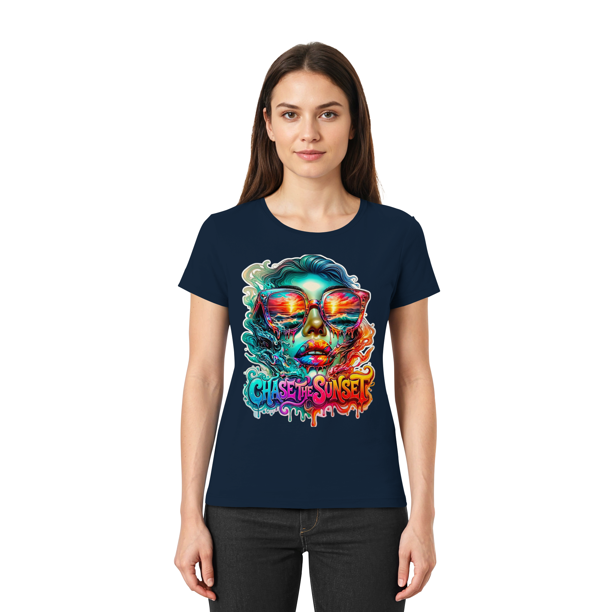 T-shirt psychédélique pour femme "Chase The Sunset" | T-shirt graphique vibrant coucher de soleil et océan | 10 couleurs du XS au 3XL - T-shirt premium pour femme