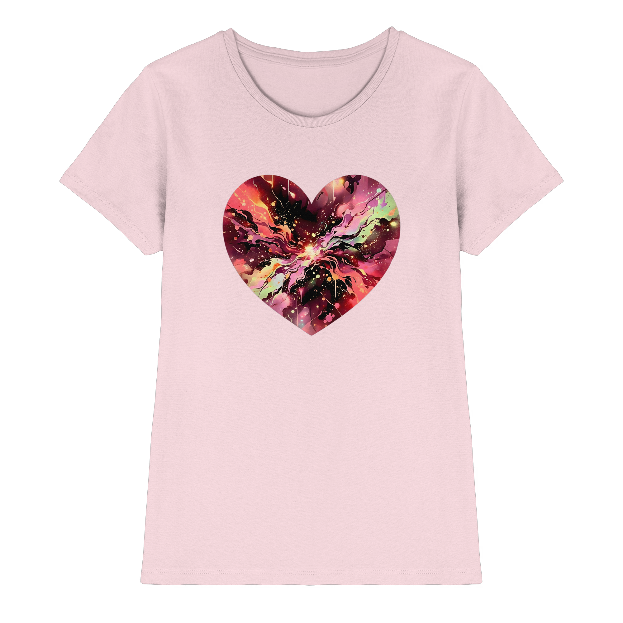 Damen T-Shirt „Cosmic Love Heart“ – Galaxie-Nebel-Druck Herzdesign | Hochwertiger Jersey aus 100 % Baumwolle, 15 Farben, XS–3XL – Premium-Shirt für Damen