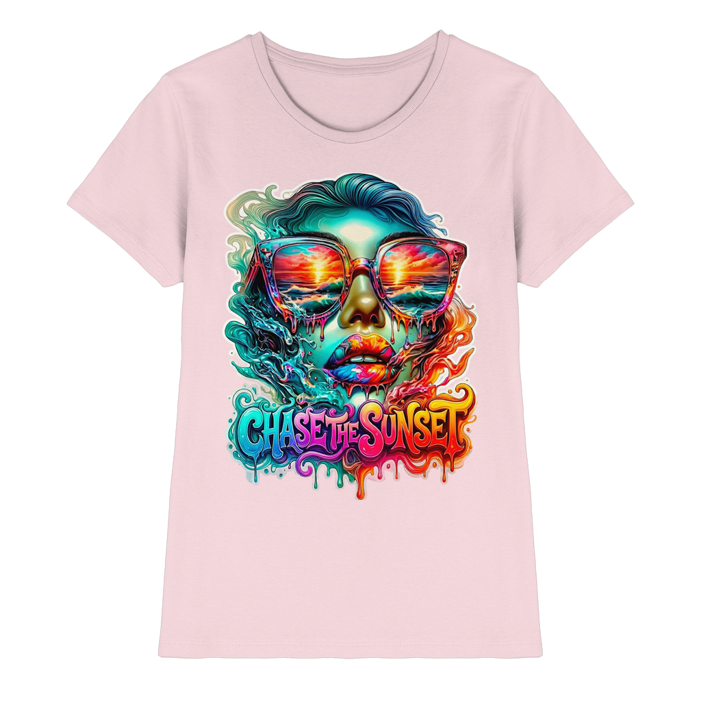 Chase The Sunset Psychedelisches Damen-T-Shirt | Lebendiges schmelzendes Ozean-Sonnenuntergangs-Grafik-T-Shirt | 10 Farben XS-3XL - Premium Damen-Shirt