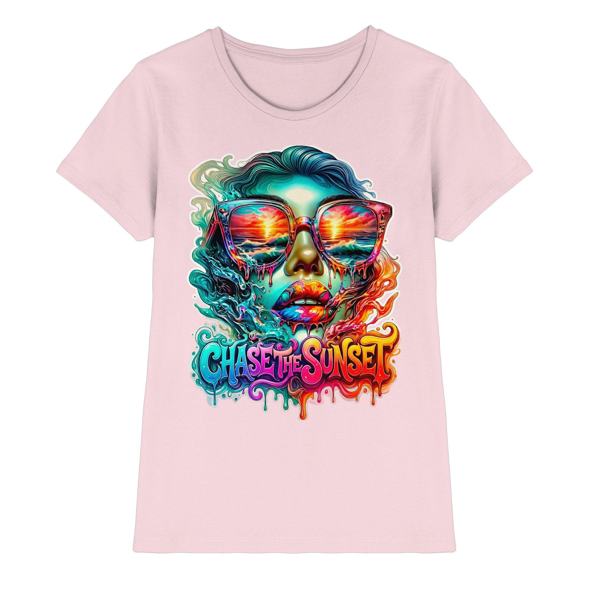 T-shirt psychédélique pour femme "Chase The Sunset" | T-shirt graphique vibrant coucher de soleil et océan | 10 couleurs du XS au 3XL - T-shirt premium pour femme