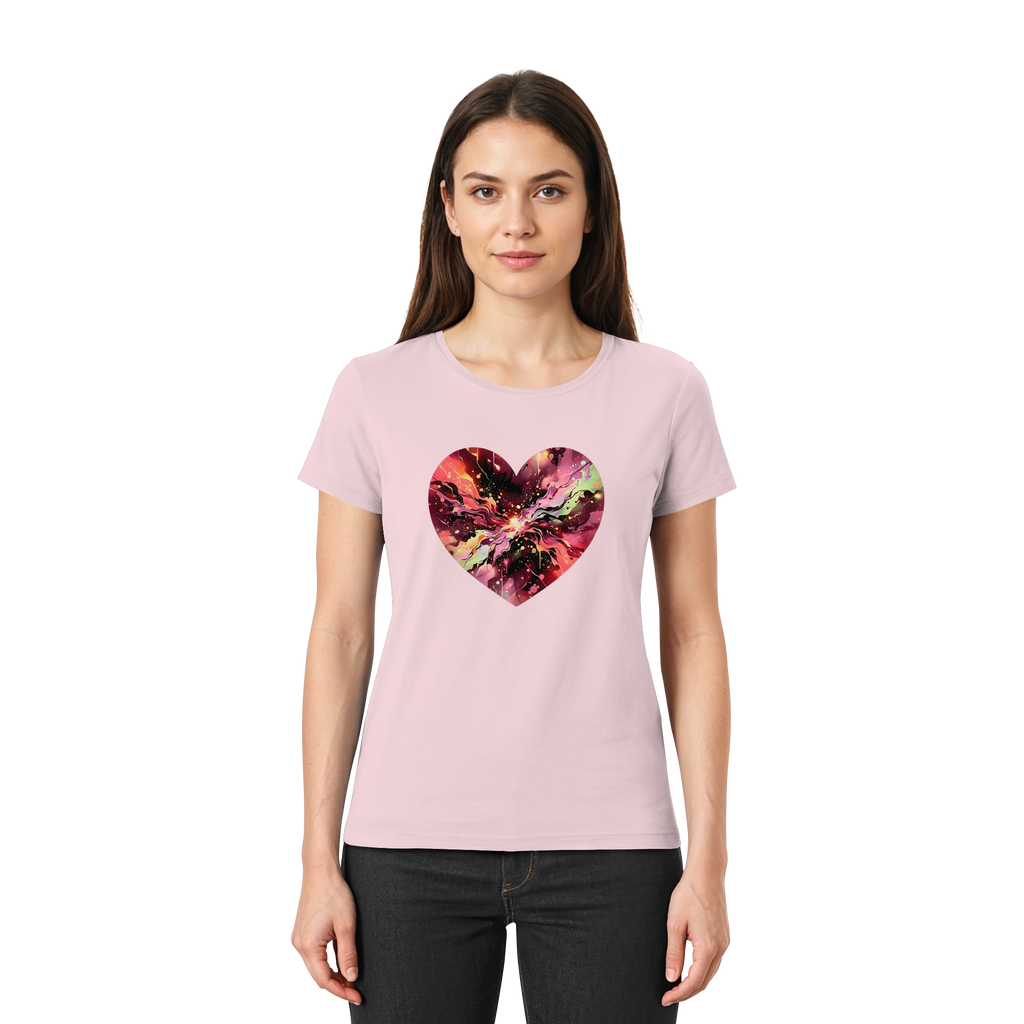 Damen T-Shirt „Cosmic Love Heart“ – Galaxie-Nebel-Druck Herzdesign | Hochwertiger Jersey aus 100 % Baumwolle, 15 Farben, XS–3XL – Premium-Shirt für Damen