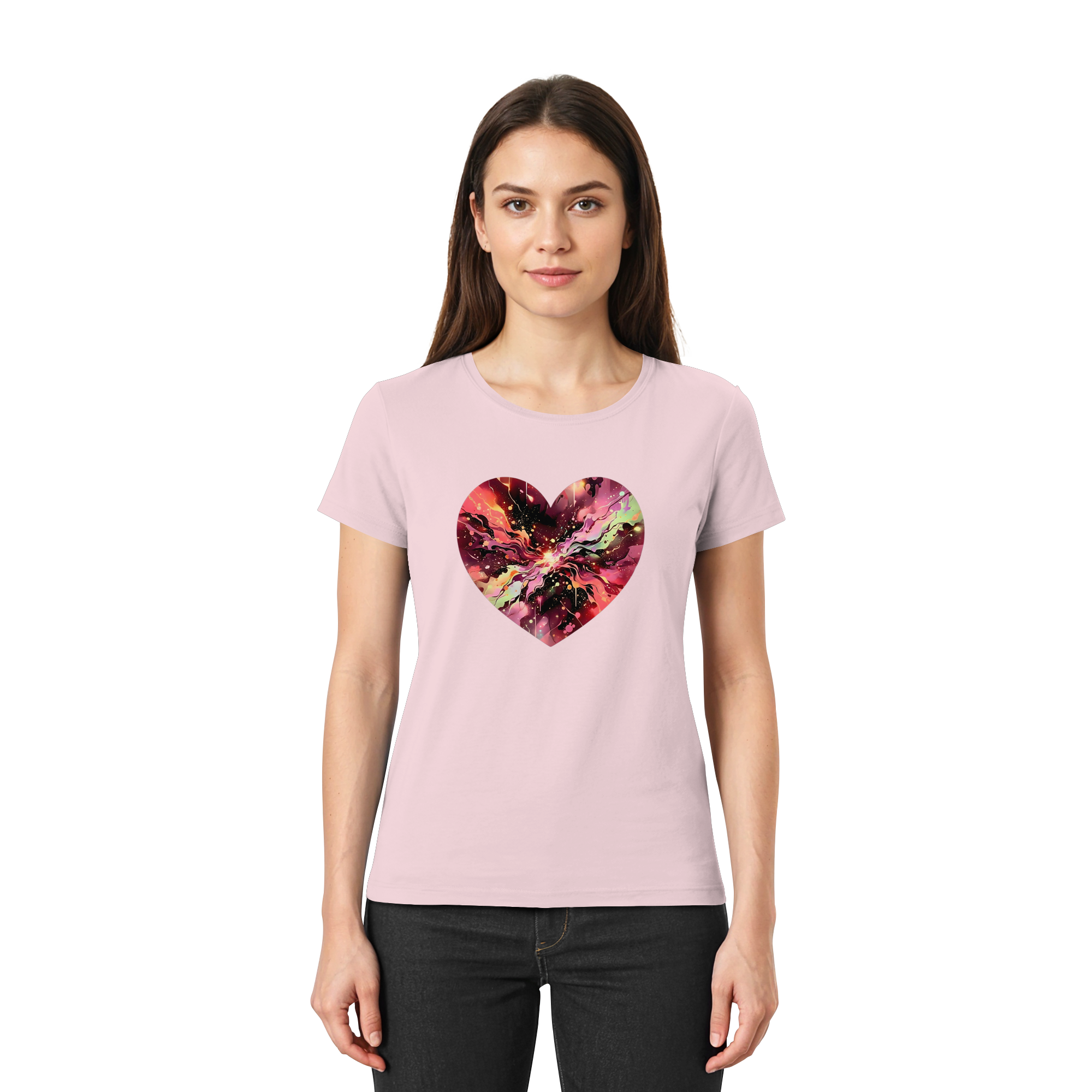 Damen T-Shirt „Cosmic Love Heart“ – Galaxie-Nebel-Druck Herzdesign | Hochwertiger Jersey aus 100 % Baumwolle, 15 Farben, XS–3XL – Premium-Shirt für Damen
