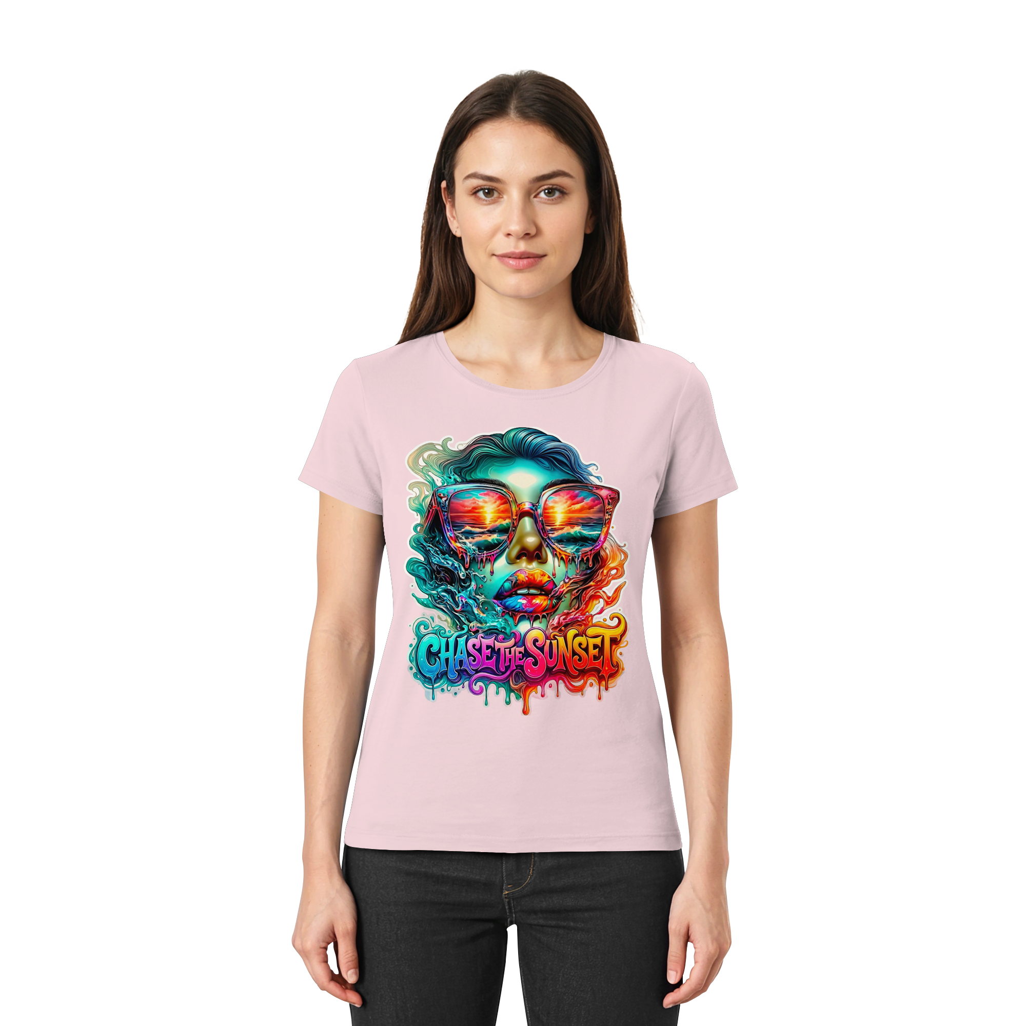 Chase The Sunset Psychedelisches Damen-T-Shirt | Lebendiges schmelzendes Ozean-Sonnenuntergangs-Grafik-T-Shirt | 10 Farben XS-3XL - Premium Damen-Shirt