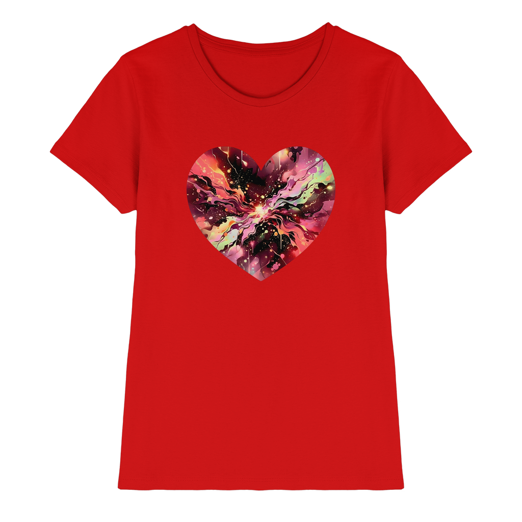 Damen T-Shirt „Cosmic Love Heart“ – Galaxie-Nebel-Druck Herzdesign | Hochwertiger Jersey aus 100 % Baumwolle, 15 Farben, XS–3XL – Premium-Shirt für Damen