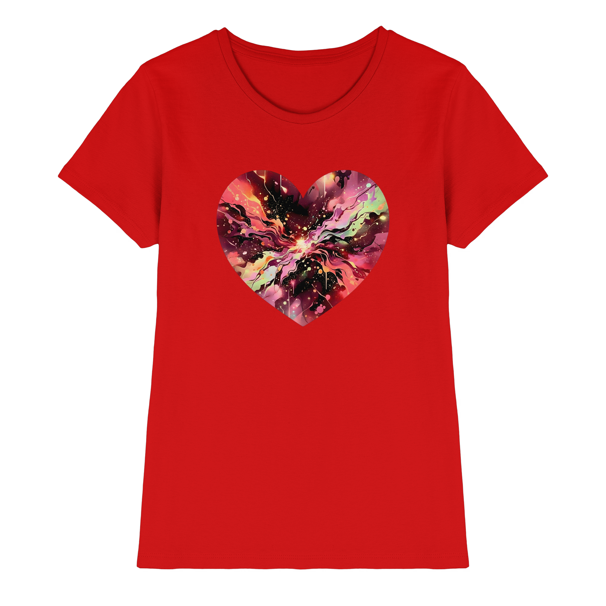 Damen T-Shirt „Cosmic Love Heart“ – Galaxie-Nebel-Druck Herzdesign | Hochwertiger Jersey aus 100 % Baumwolle, 15 Farben, XS–3XL – Premium-Shirt für Damen