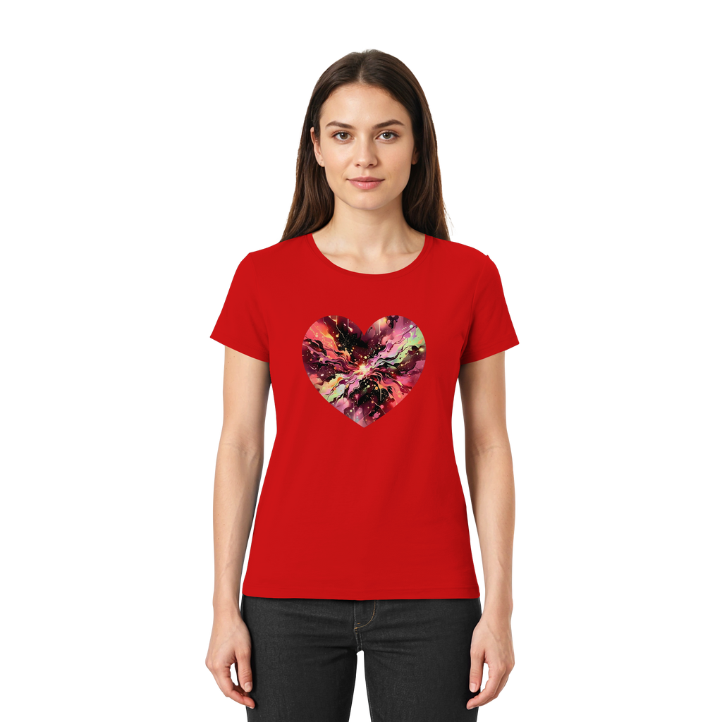 Damen T-Shirt „Cosmic Love Heart“ – Galaxie-Nebel-Druck Herzdesign | Hochwertiger Jersey aus 100 % Baumwolle, 15 Farben, XS–3XL – Premium-Shirt für Damen