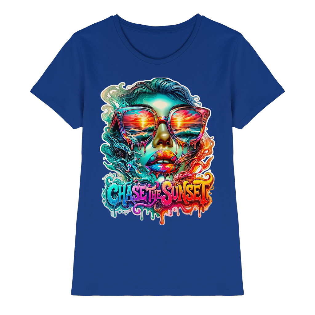 Chase The Sunset Psychedelisches Damen-T-Shirt | Lebendiges schmelzendes Ozean-Sonnenuntergangs-Grafik-T-Shirt | 10 Farben XS-3XL - Premium Damen-Shirt