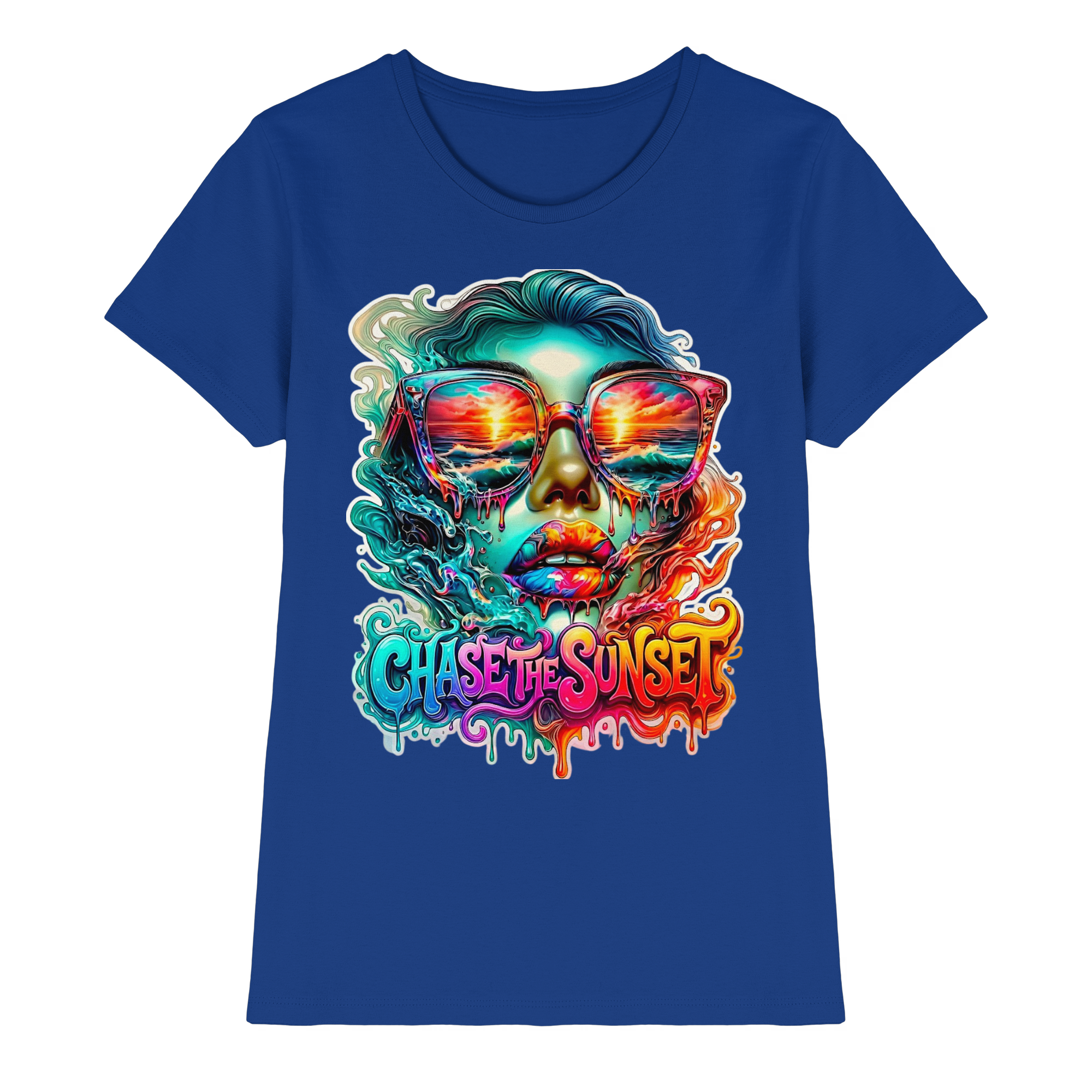 T-shirt psychédélique pour femme "Chase The Sunset" | T-shirt graphique vibrant coucher de soleil et océan | 10 couleurs du XS au 3XL - T-shirt premium pour femme