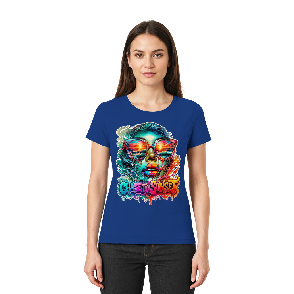 Chase The Sunset Psychedelisches Damen-T-Shirt | Lebendiges schmelzendes Ozean-Sonnenuntergangs-Grafik-T-Shirt | 10 Farben XS-3XL - Premium Damen-Shirt